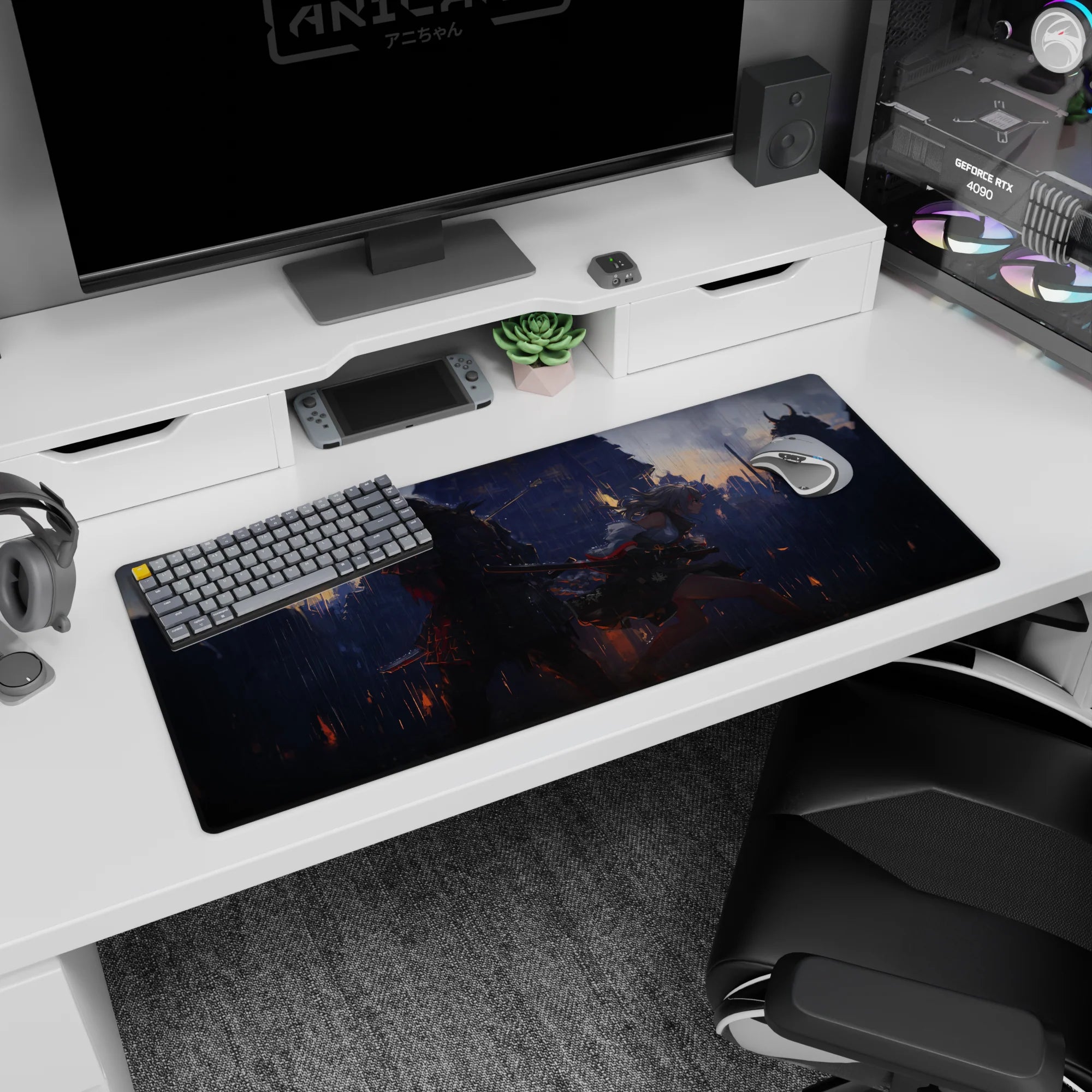 Silver-haired anime girl sprinting with blade, red ribbons flying beside horned samurai desk pad 36x16 inches.