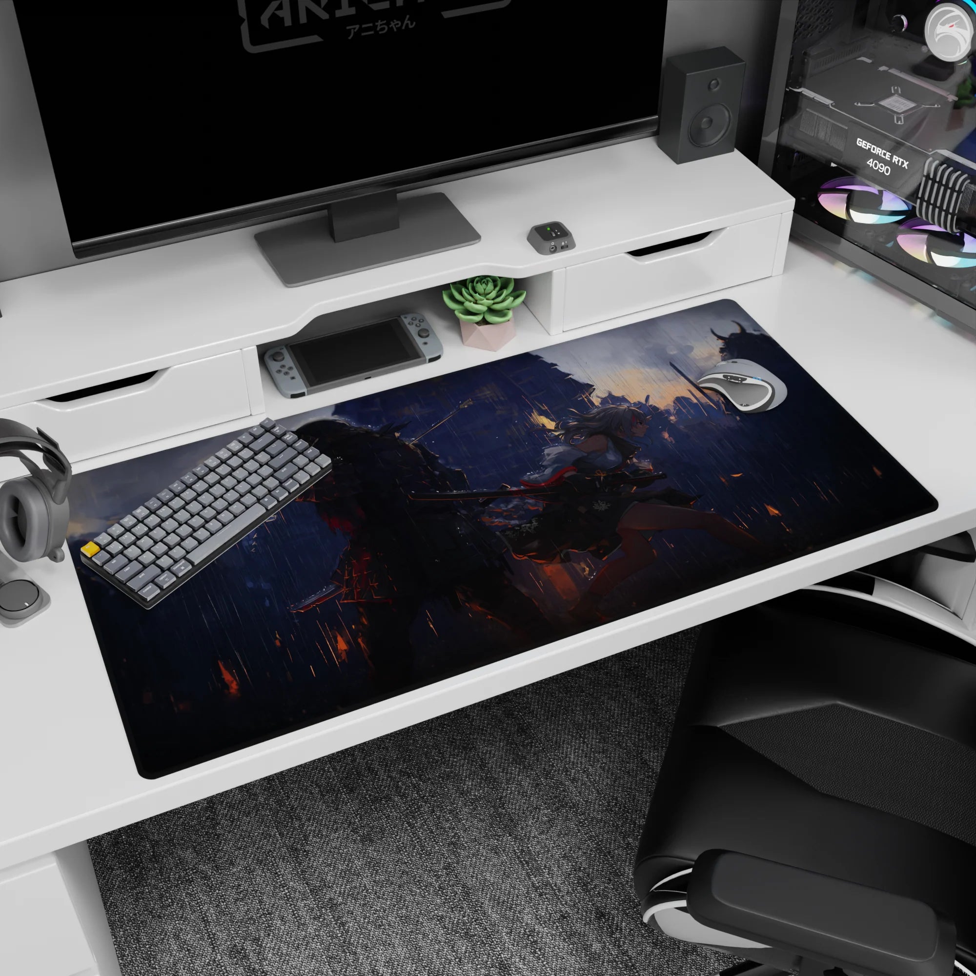 Silver-haired anime swordswoman sprinting past a horned samurai, red ribbons flying, desk pad 40x20 inches.