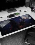 Silver-haired anime swordswoman sprinting past a horned samurai, red ribbons flying, desk pad 40x20 inches.
