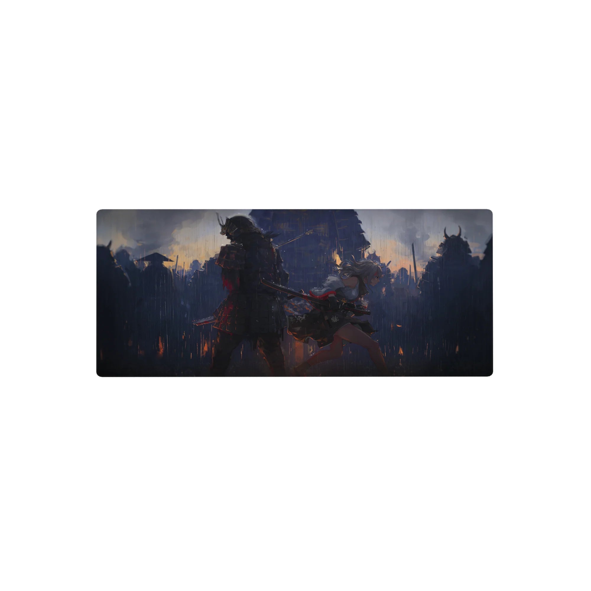 28x12 inches anime girl mouse pad with horned samurai and silver-haired fighter in a rainy night raid scene.