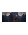28x12 inches anime girl mouse pad with horned samurai and silver-haired fighter in a rainy night raid scene.