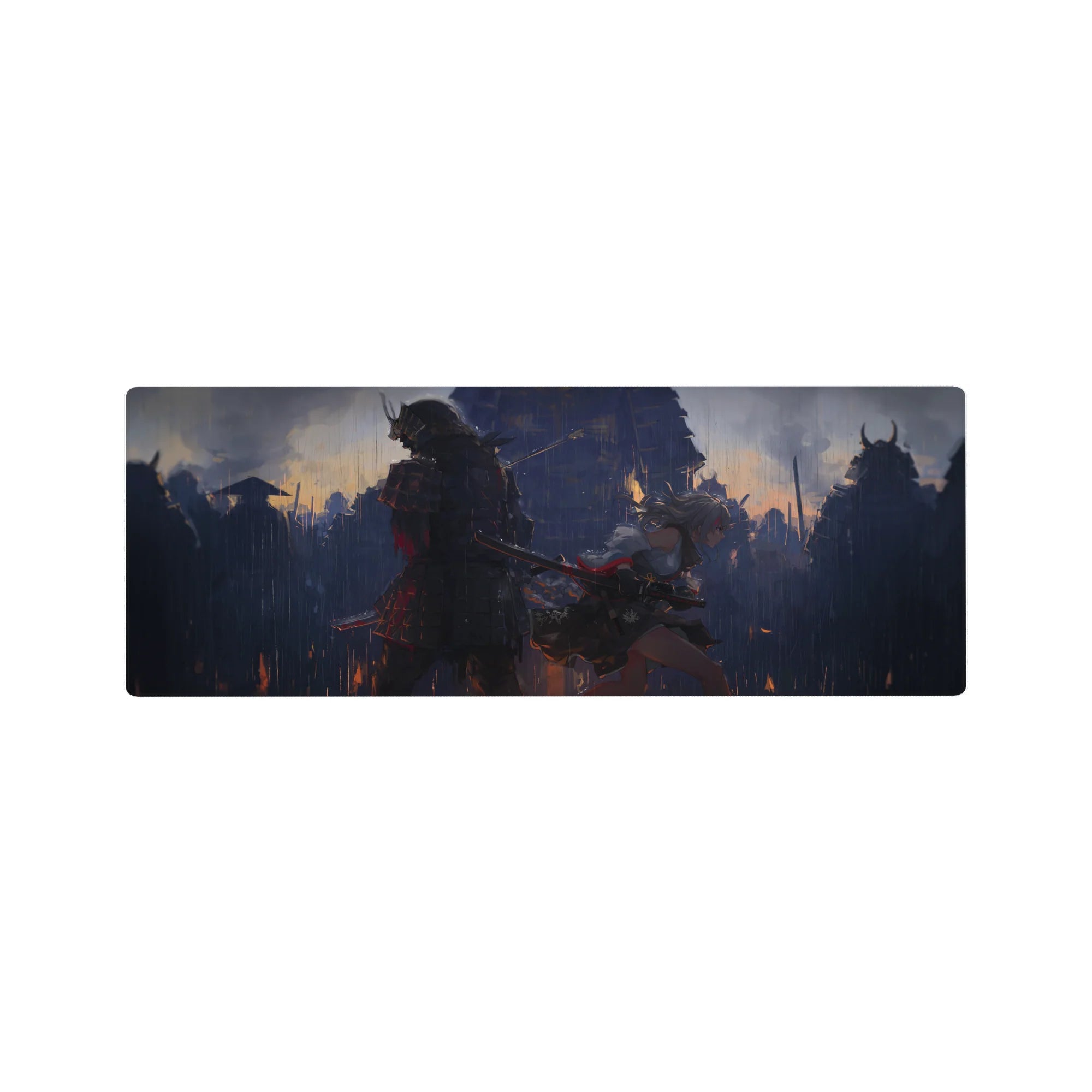 Anime girl mouse pad 32x12 inches featuring cinematic night raid with horned samurai and blade runner.