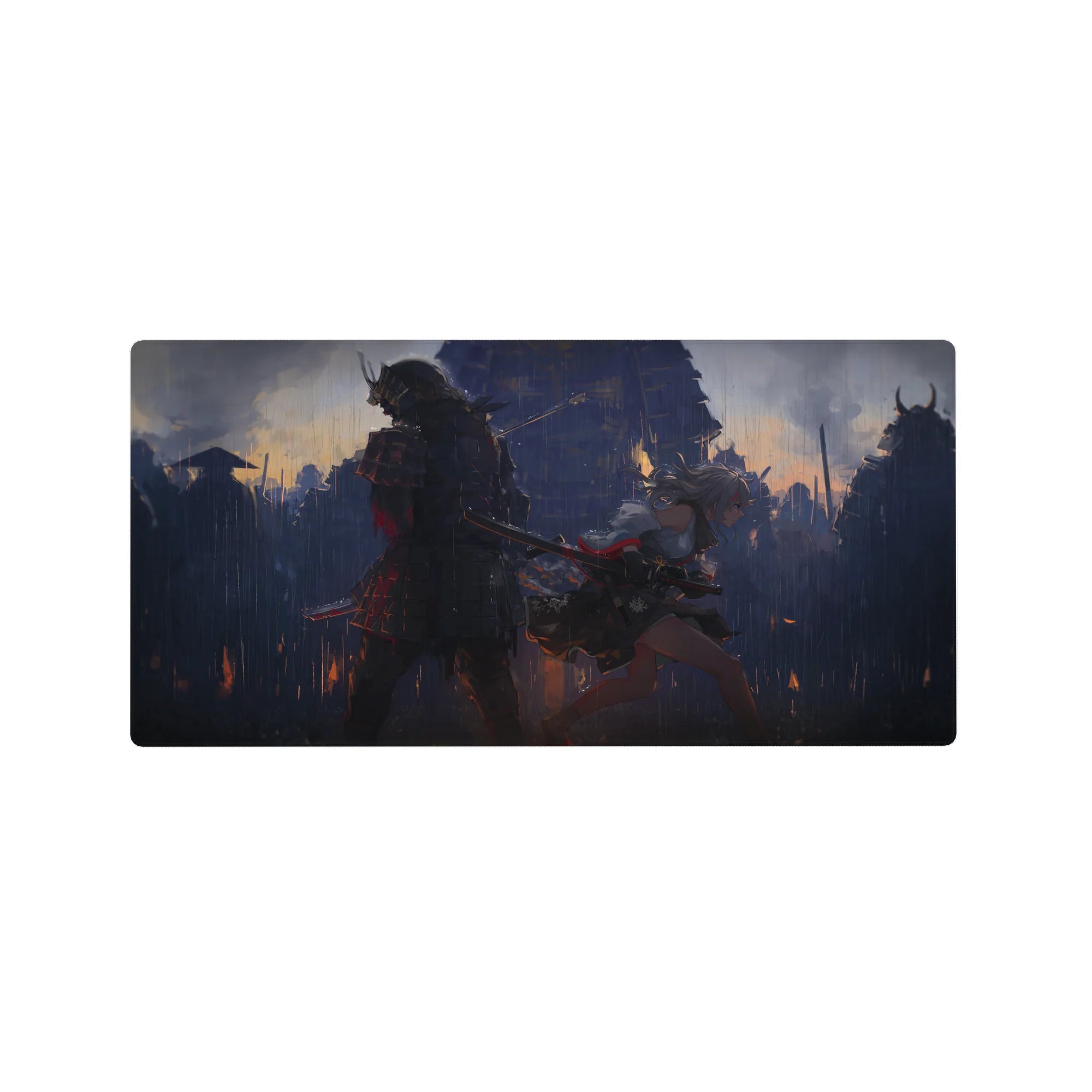 32x16 inches anime girl mouse pad with cinematic night raid art, horned samurai and sword girl sprinting.