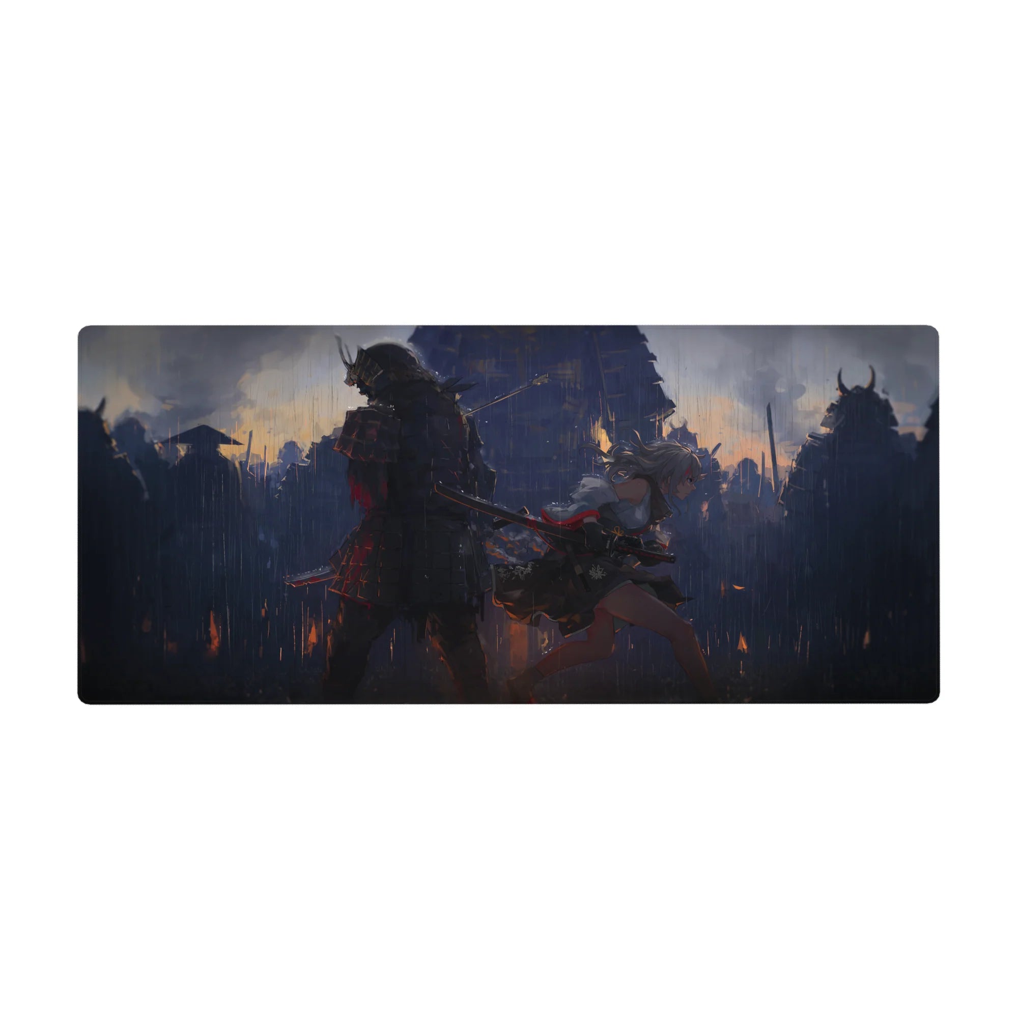 Anime girl desk pad 36x16 inches with horned samurai and katana fighter in cinematic night raid art.