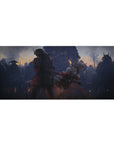 Anime girl desk pad 36x16 inches with horned samurai and katana fighter in cinematic night raid art.