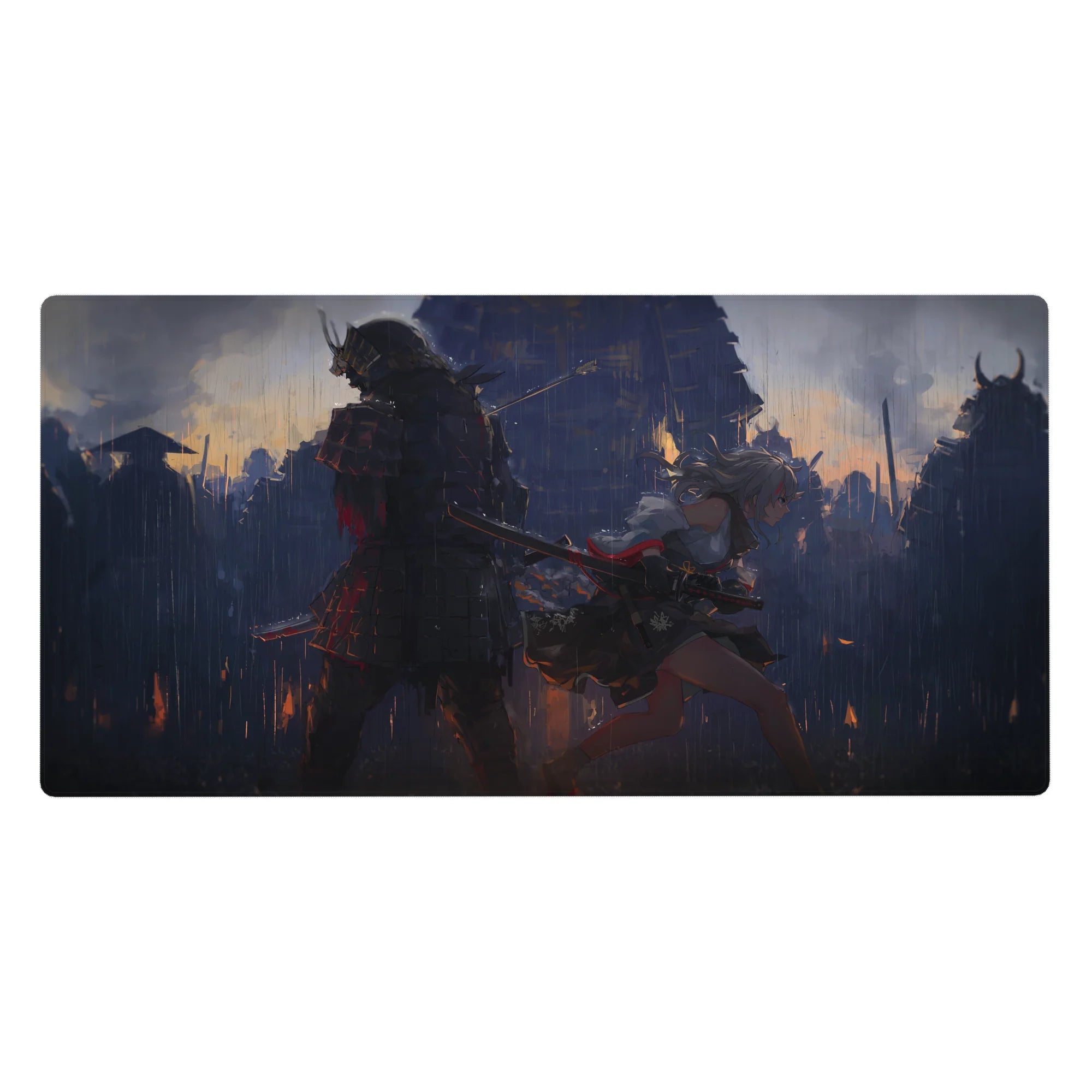 Anime girl desk pad 40x20 inches with horned samurai and silver-haired fighter, cinematic night raid art.