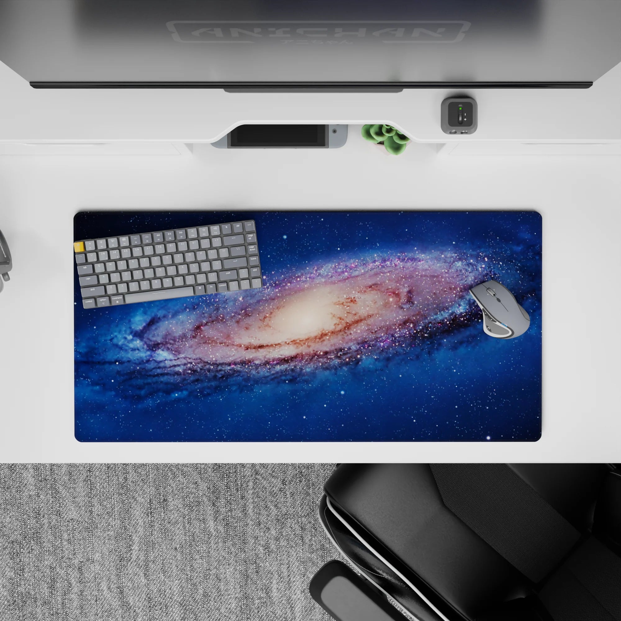 Deep ocean blue 32x16 inches mouse pad with warm creamy galaxy core, calm late-night vibe.