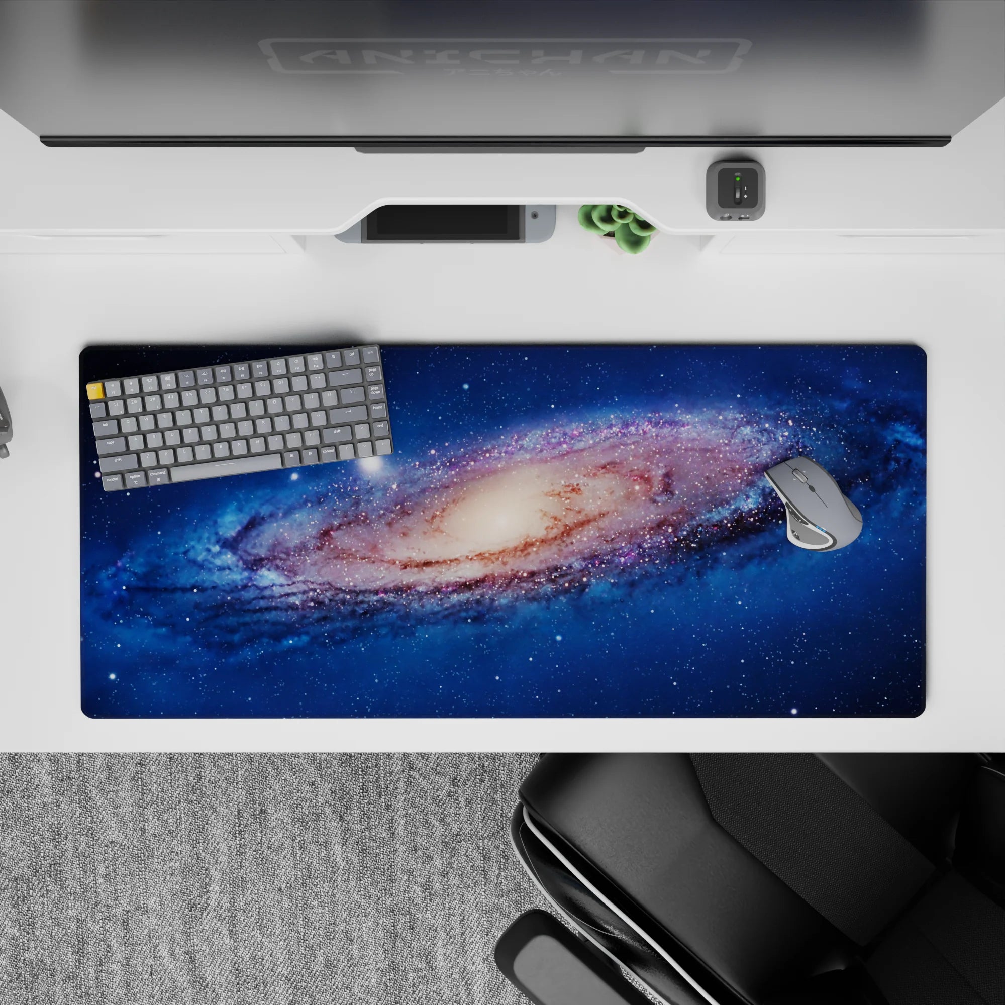 Deep ocean blue desk pad 36x16 inches with dreamy star specks and warm creamy galaxy core.