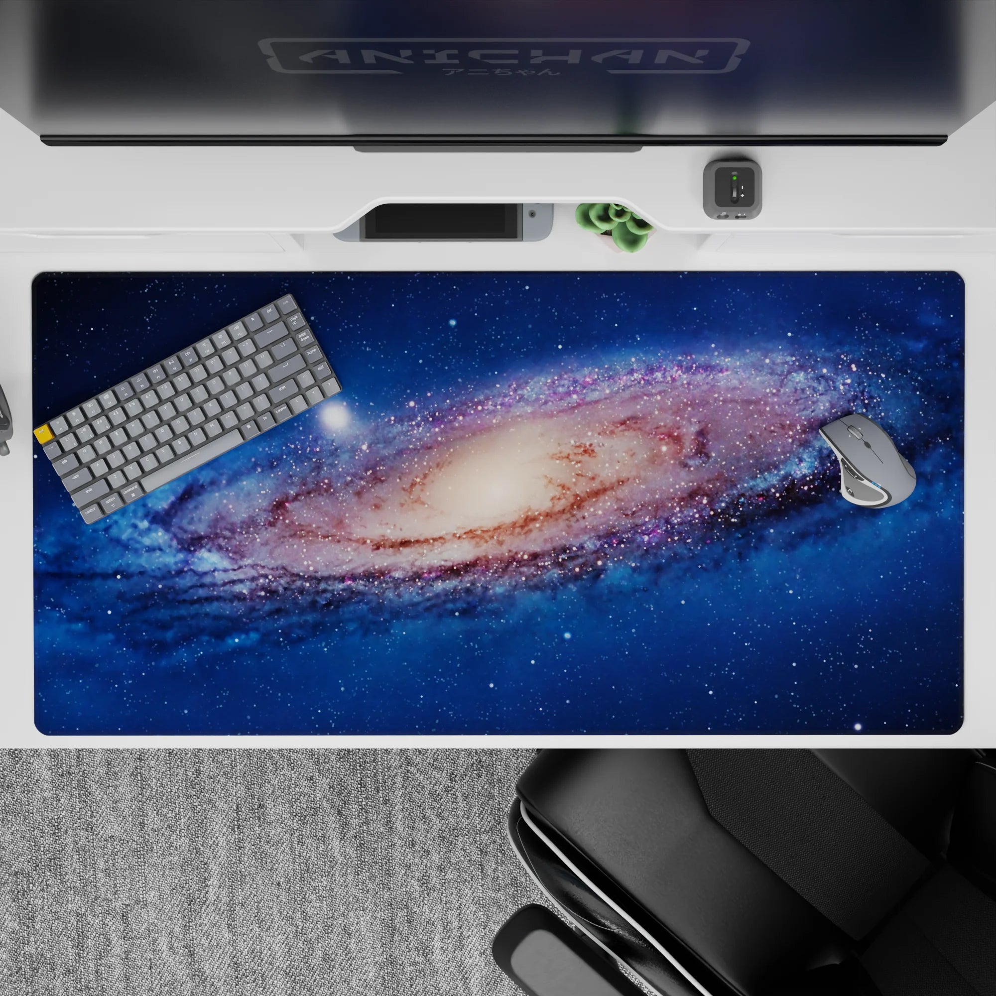 Deep ocean blue desk pad 40x20 inches with dreamy star specks and warm creamy galaxy center.