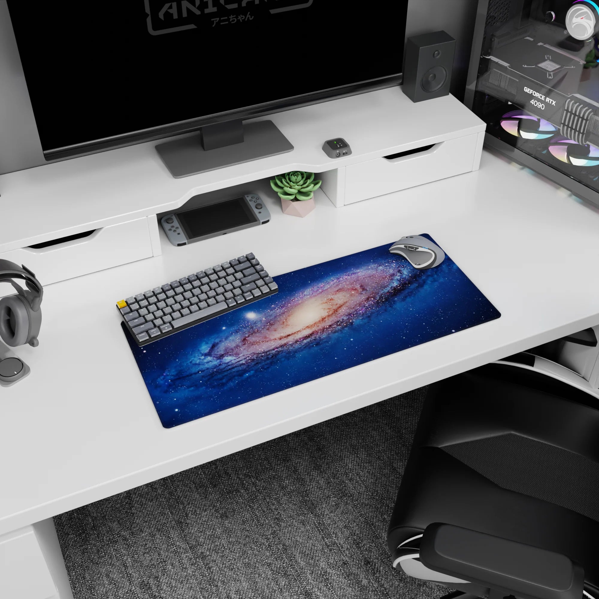 Space vortex scene 28x12 inches mouse pad featuring a creamy galaxy core surrounded by blue swirls.