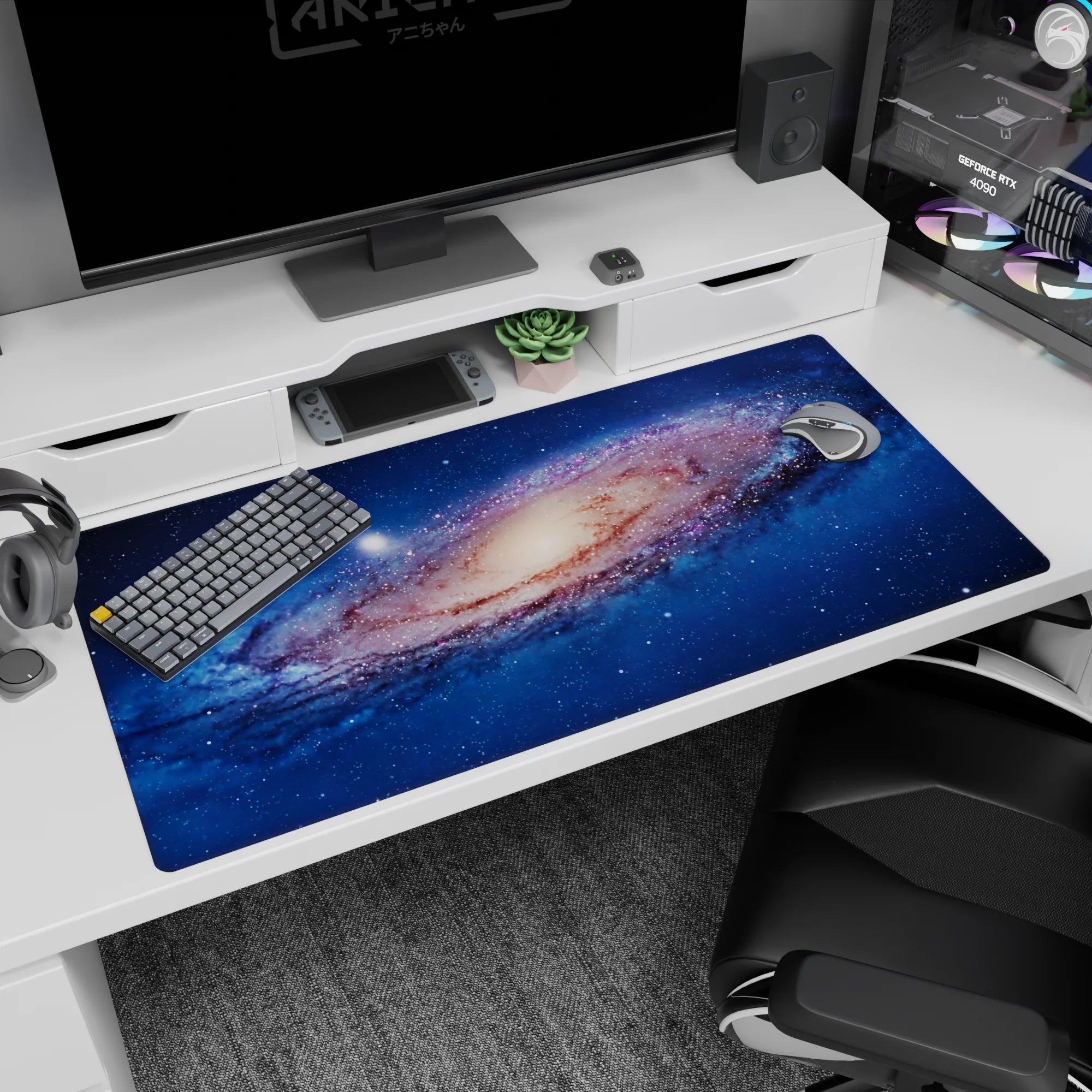 Space vortex scene desk pad 40x20 inches featuring a swirling galaxy core and scattered starlight.
