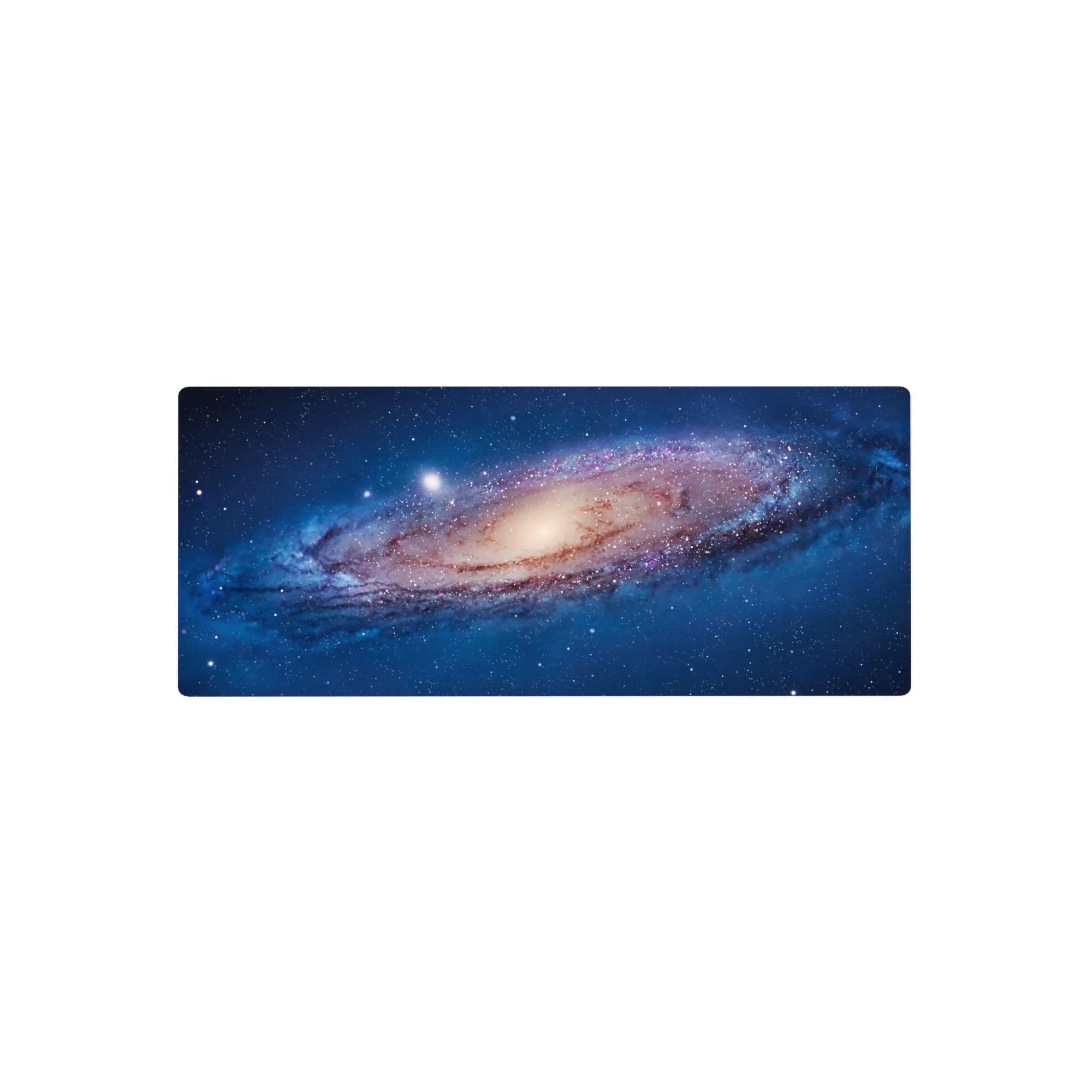 Galaxy spiral desk mouse pad 28x12 inches with star-speckled swirl design and creamy core.
