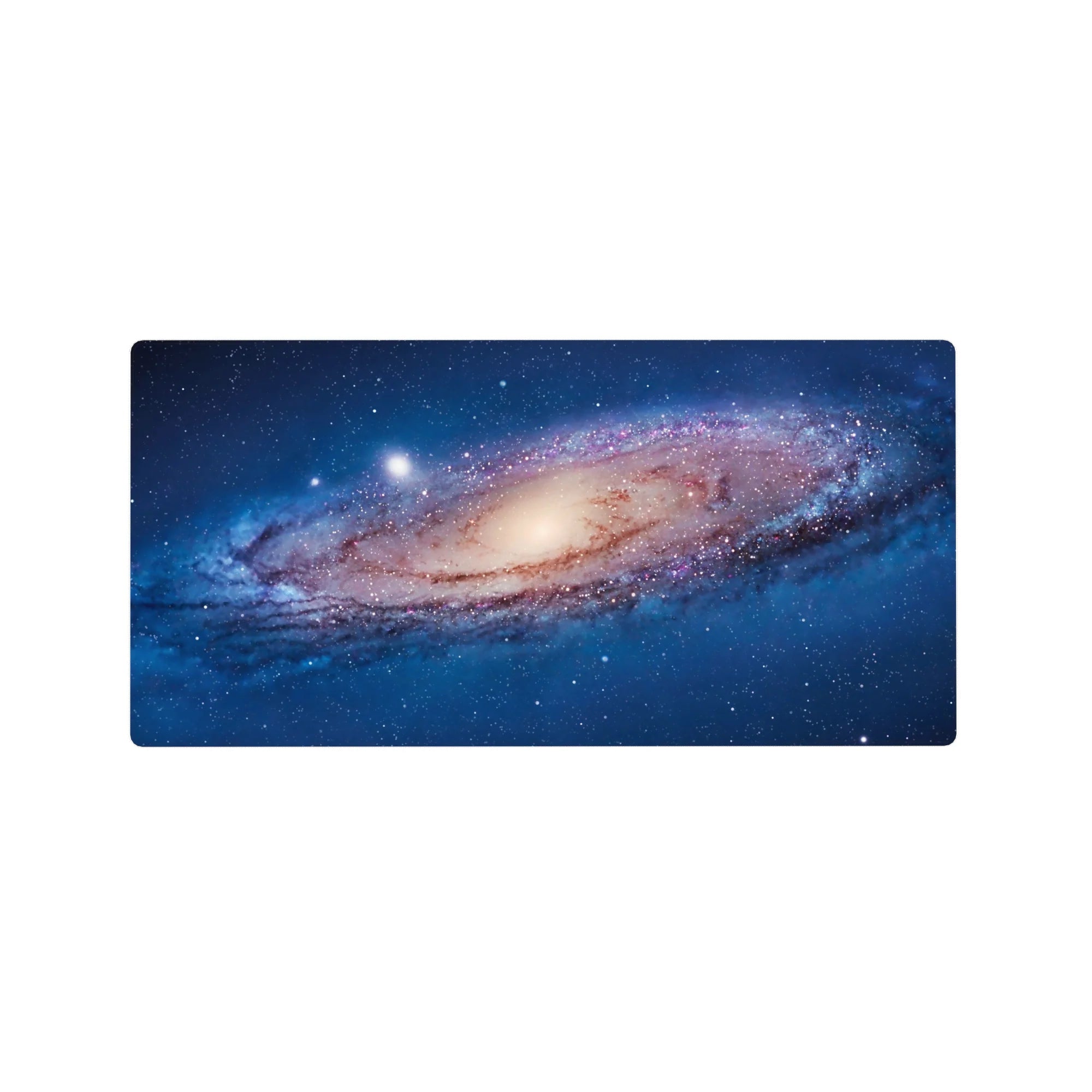 Cosmic spiral galaxy desk mouse pad, 32x16 inches, with starry specks and dreamy swirl design.