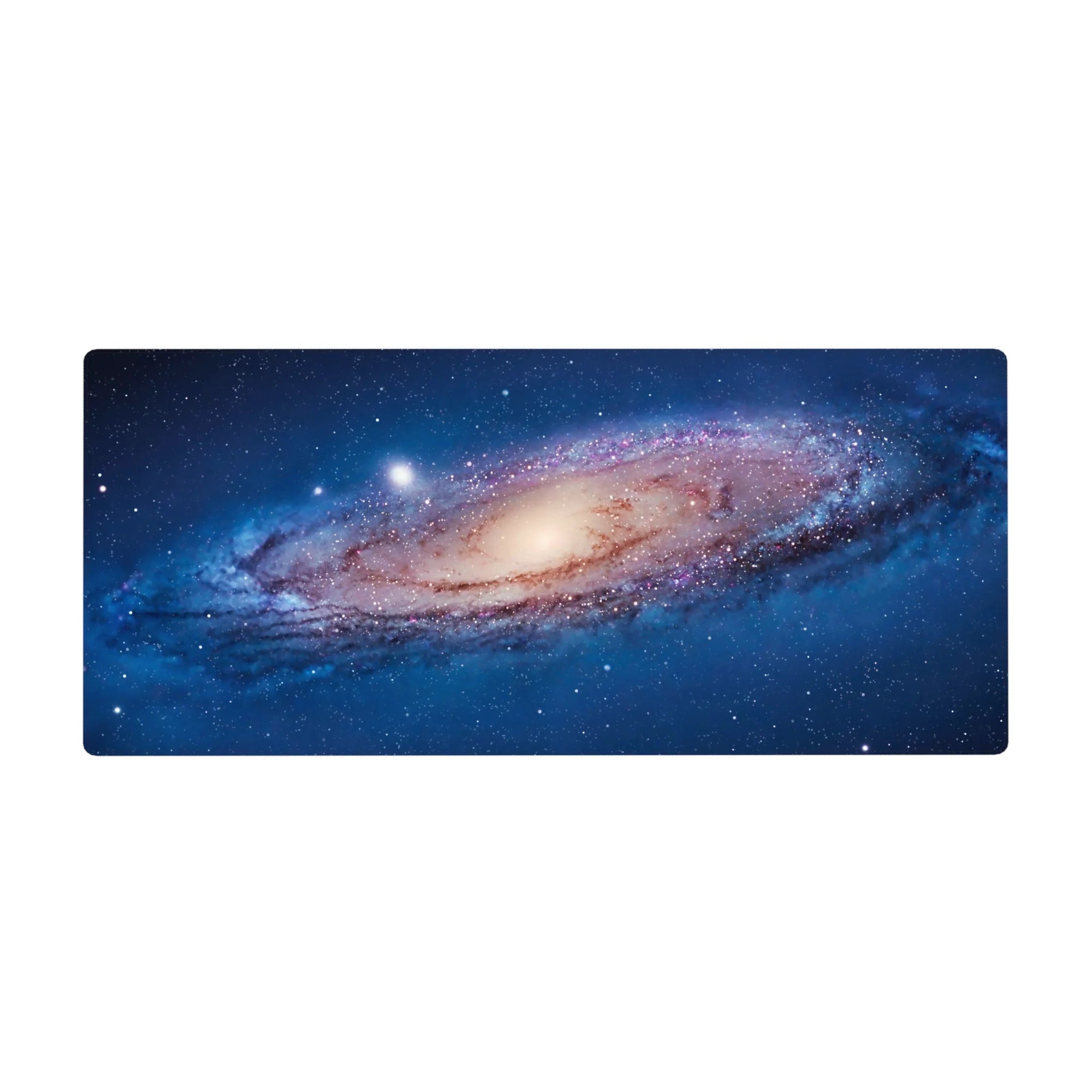 Cosmic spiral galaxy desk pad 36x16 inches with star-speckled swirl design for keyboard and mouse.