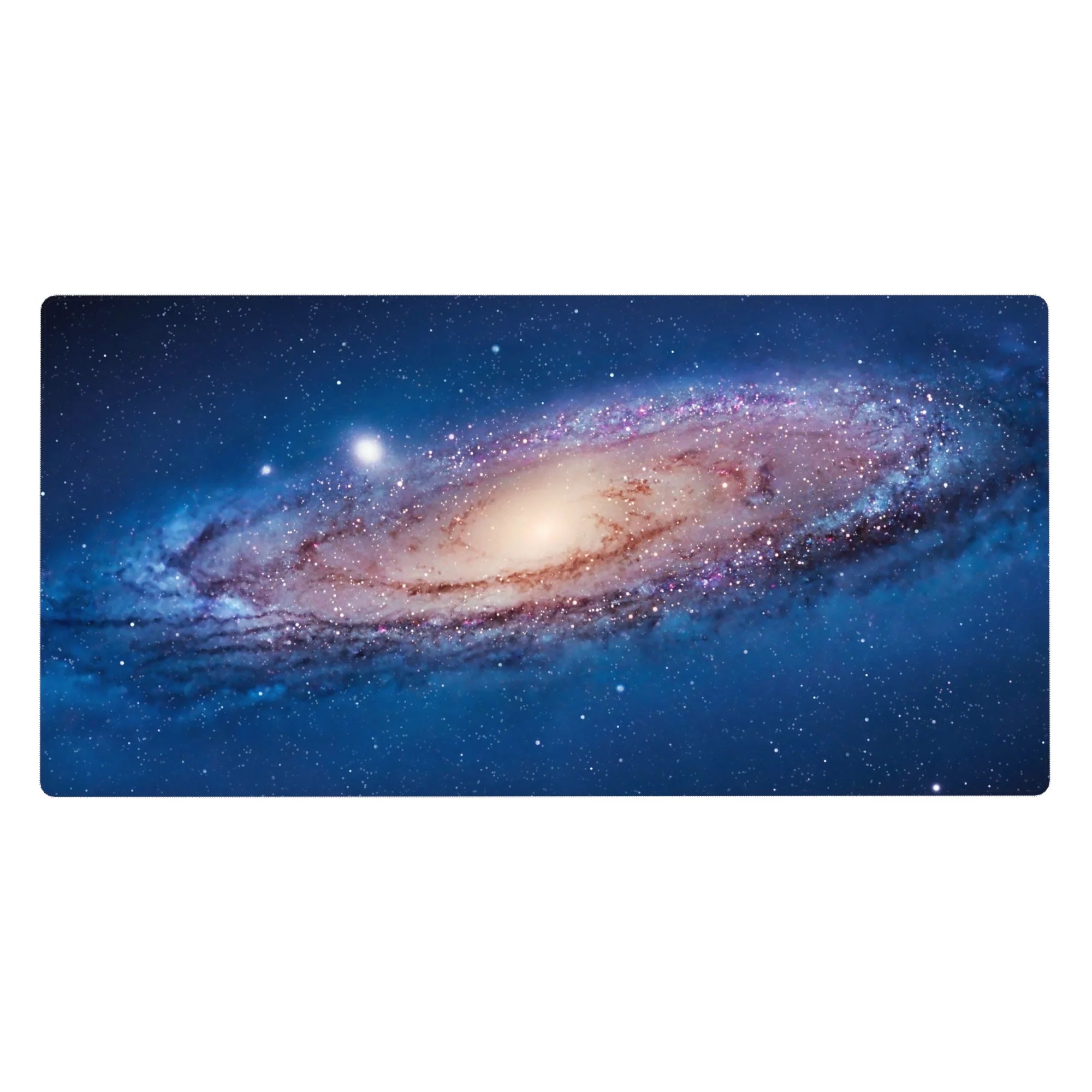 Cosmic spiral galaxy desk pad 40x20 inches with star-speckled swirl design for keyboard and mouse.
