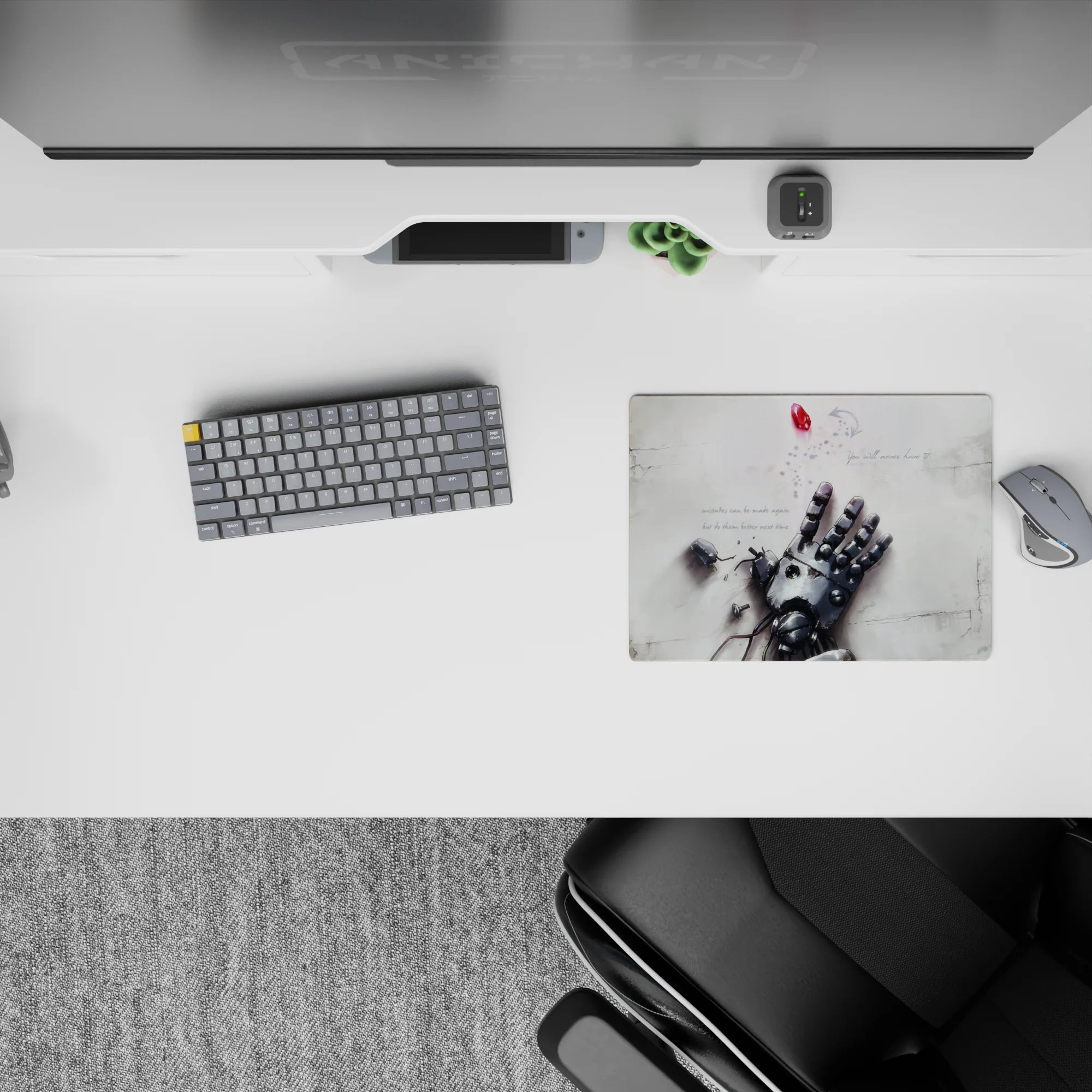 14x10 inches classic anime mouse pad in soft gray steel tones, quiet melancholy vibe, drifting pixels.