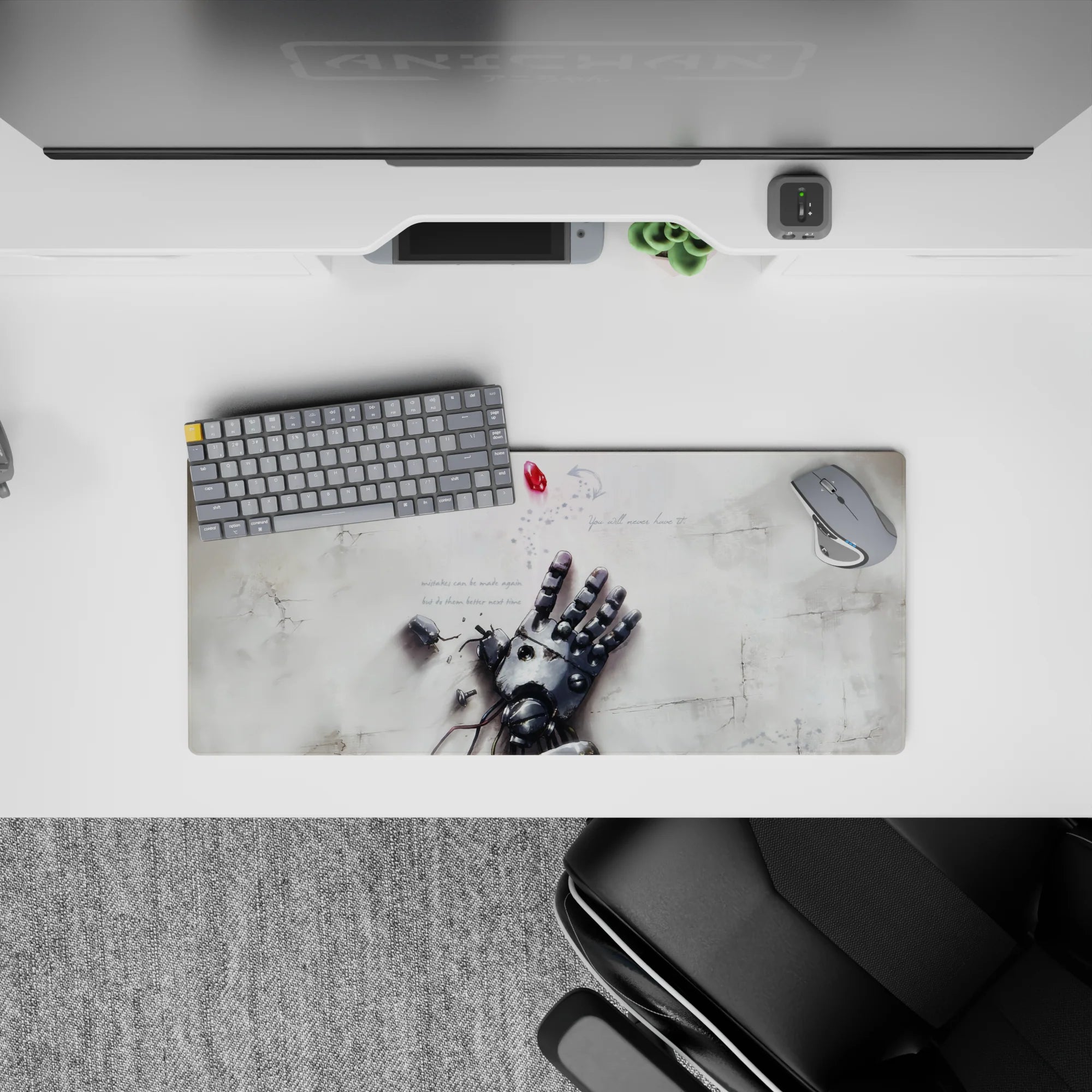 28x12 inches anime mouse pad in soft gray steel and white, quiet sci-fi melancholy with a glowing red accent.