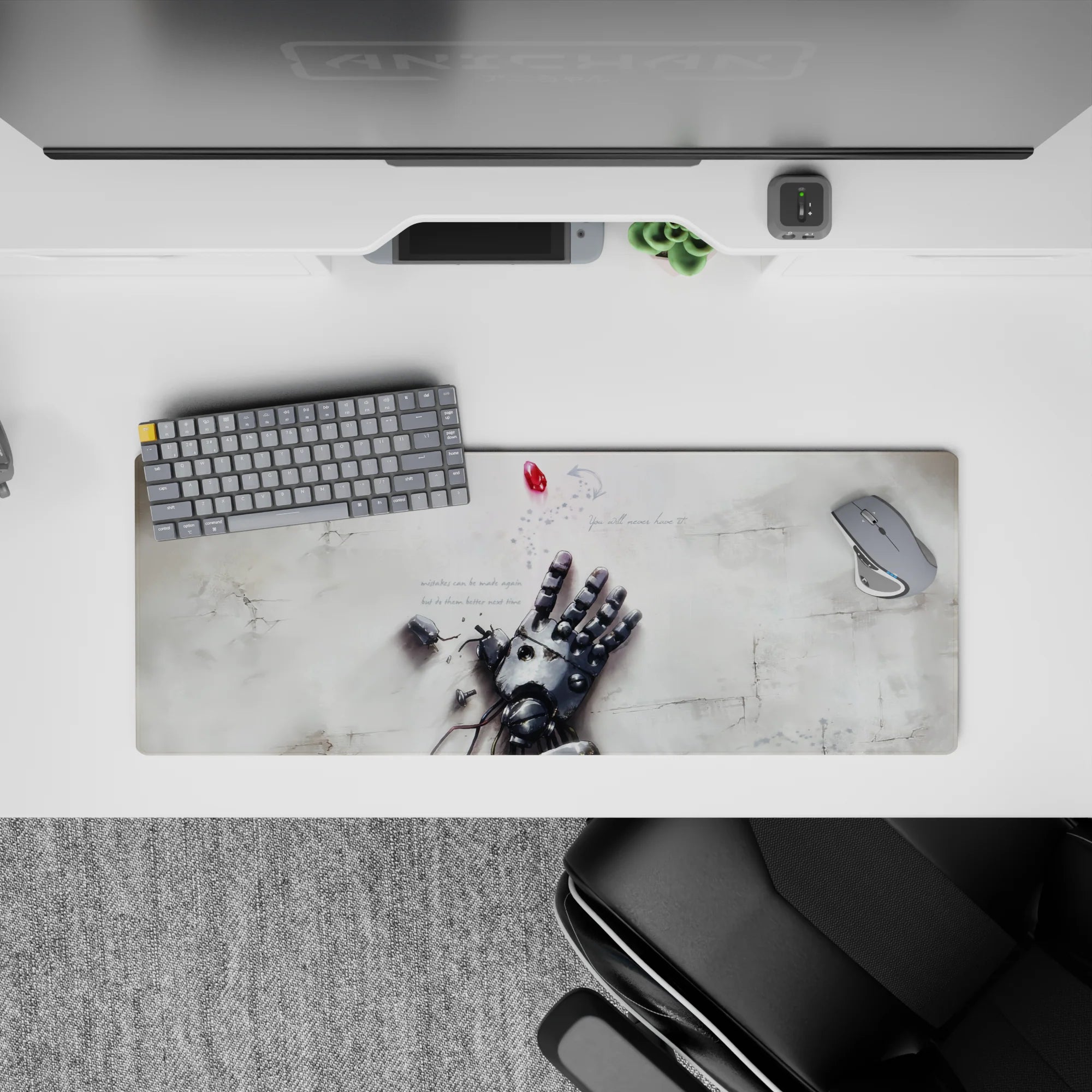 32x12 inches anime mouse pad in soft gray steel and white tones, quiet melancholic sci-fi vibe, red accent.