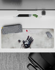 32x12 inches anime mouse pad in soft gray steel and white tones, quiet melancholic sci-fi vibe, red accent.