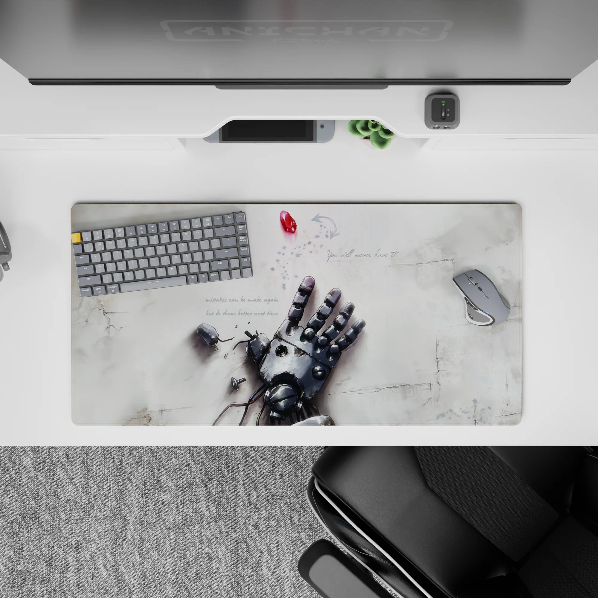 32x16 inches anime mouse pad in soft gray steel tones, quiet melancholic sci-fi vibe, drifting pixels.