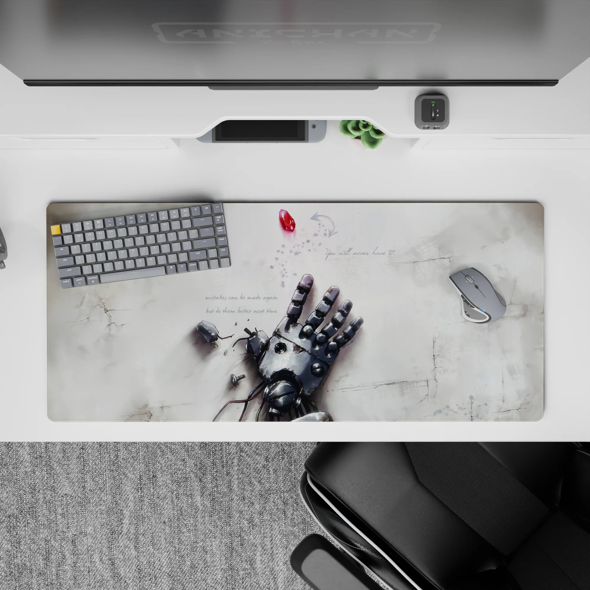 36x16 inches anime desk pad in soft gray steel and white, quiet melancholy sci-fi vibe with red accent.