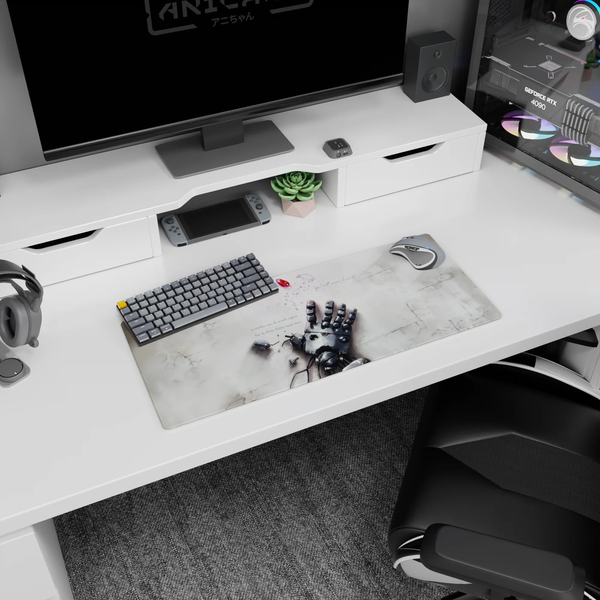 28x12 inches anime mouse pad showing a torn robot hand reaching up, wires exposed, red gem hovering above.