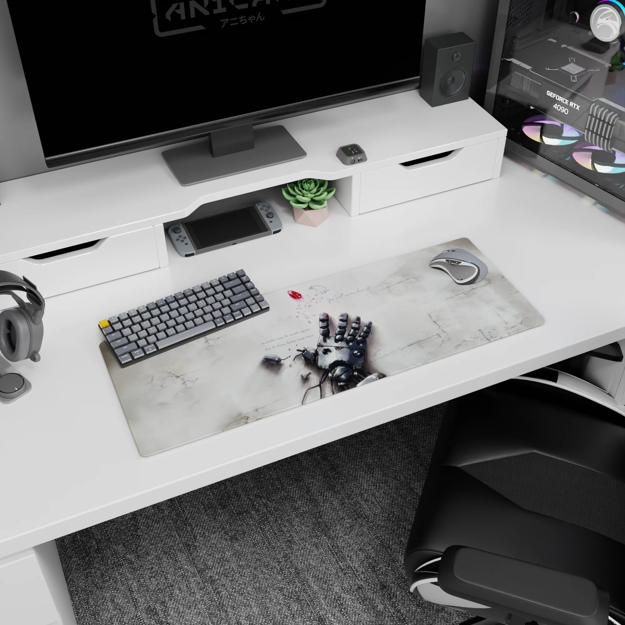 32x12 inches anime mouse pad showing a shattered robotic hand reaching up as pixels drift above a cracked floor.