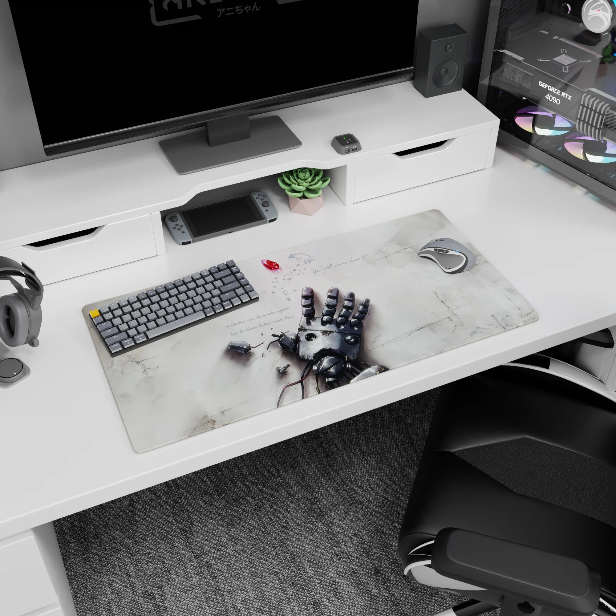32x16 inches anime mouse pad showing a shattered robot hand reaching up, exposed wires and a red gem.