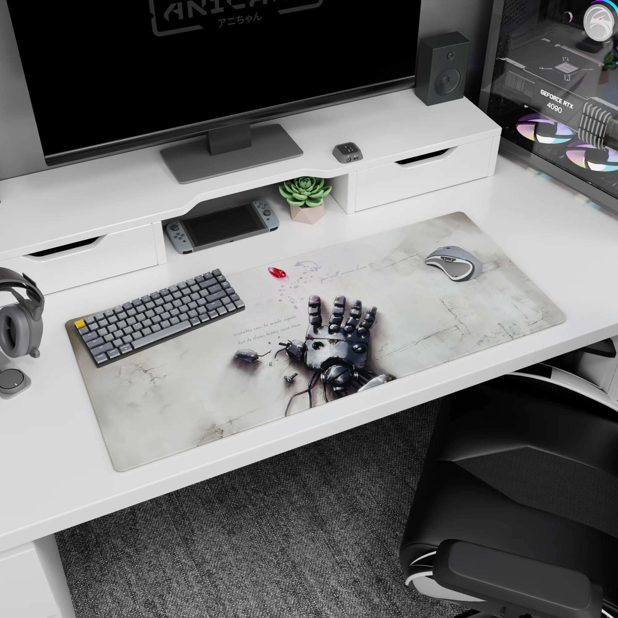 36x16 inches anime desk pad showing shattered robotic hand, scattered screws and wires, hovering red gem.