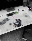 Anime desk pad 40x20 inches showing a shattered robot hand reaching up, scattered screws, exposed wires, red gem.