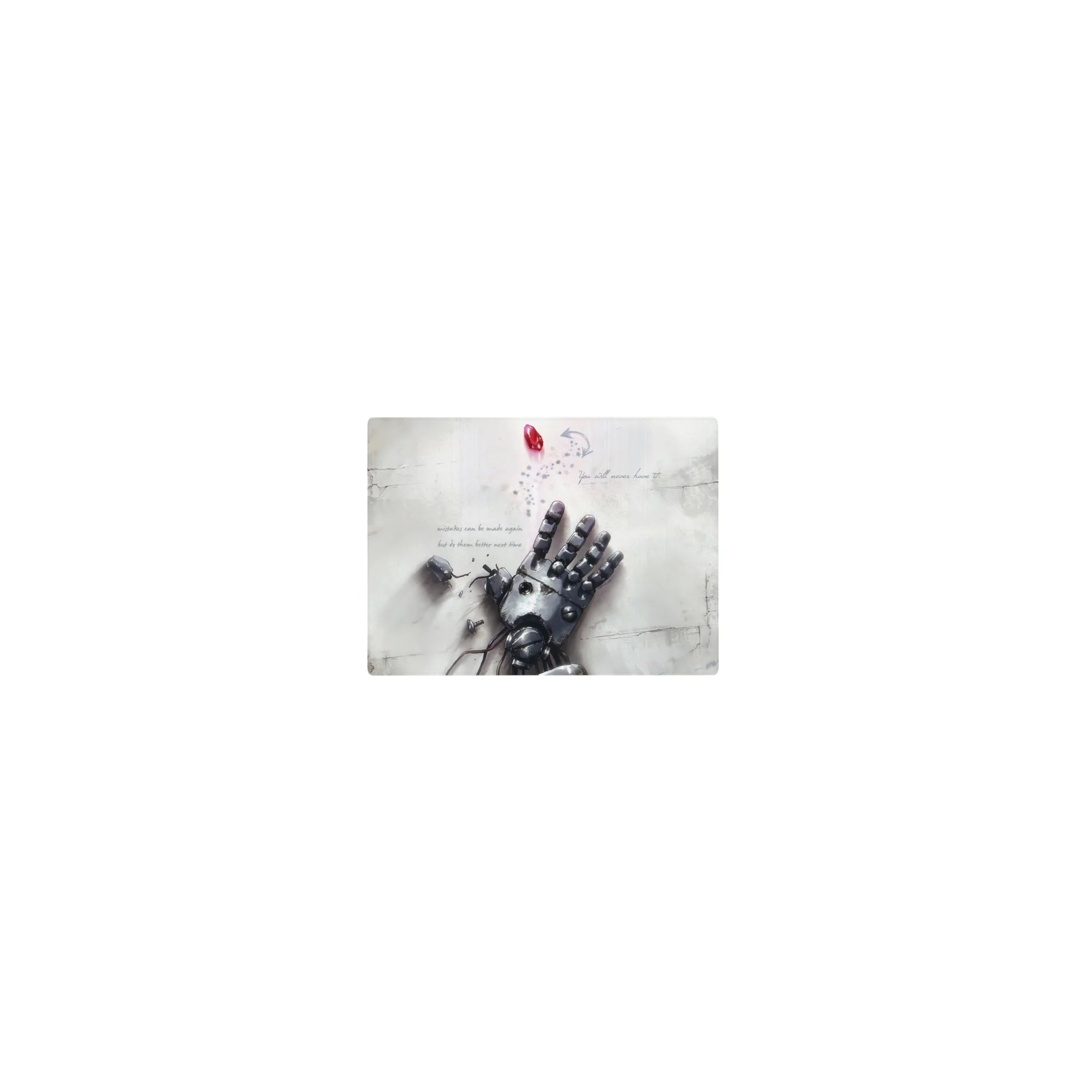 14x10 inches classic anime mouse pad with broken robotic hand, cracked white floor, wires, and red gem.