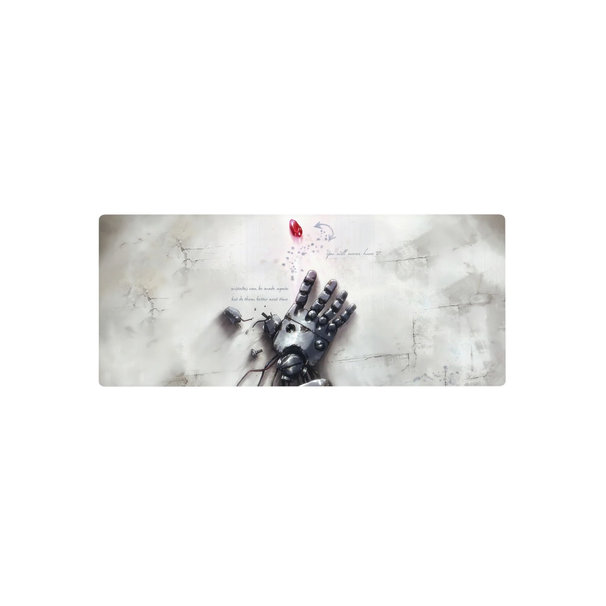 28x12 inches anime mouse pad with broken robotic hand, cracked white floor, scattered screws, red gem, pixels.