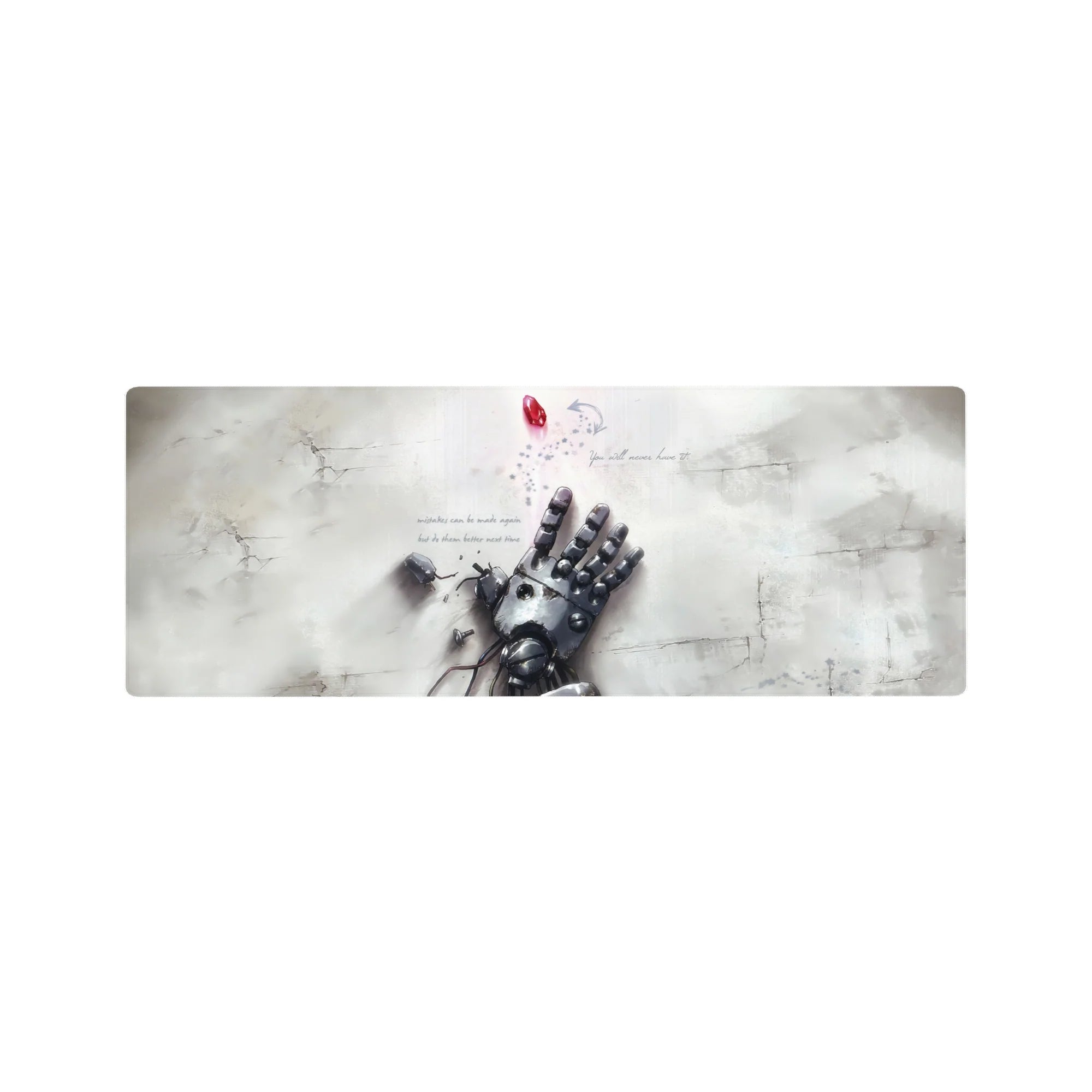 32x12 inches anime mouse pad with broken robot hand, cracked white floor, wires, screws, and red gem.