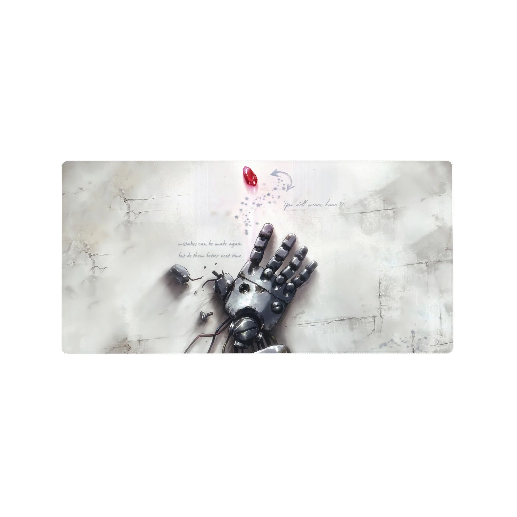 32x16 inches anime mouse pad with broken robotic hand, cracked white floor, scattered screws, red gem.