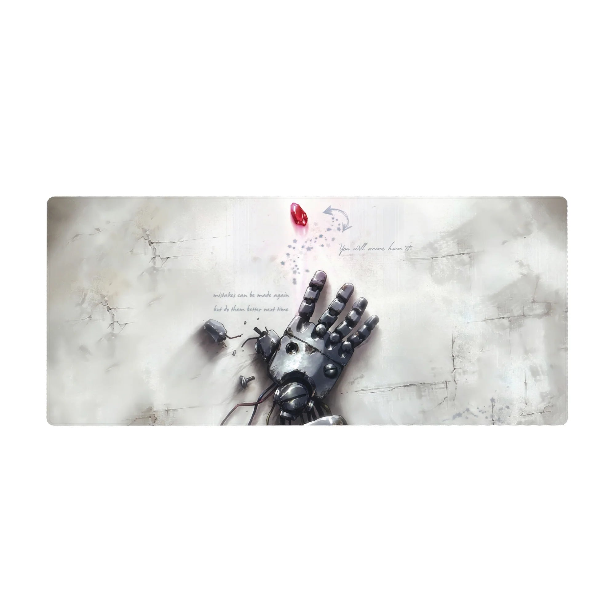 36x16 inches anime desk pad with broken robot hand on cracked white floor, floating red gem, pixel notes.