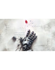 Anime desk pad 40x20 inches featuring broken robotic hand, cracked white floor, floating red gem, anime sci-fi art.