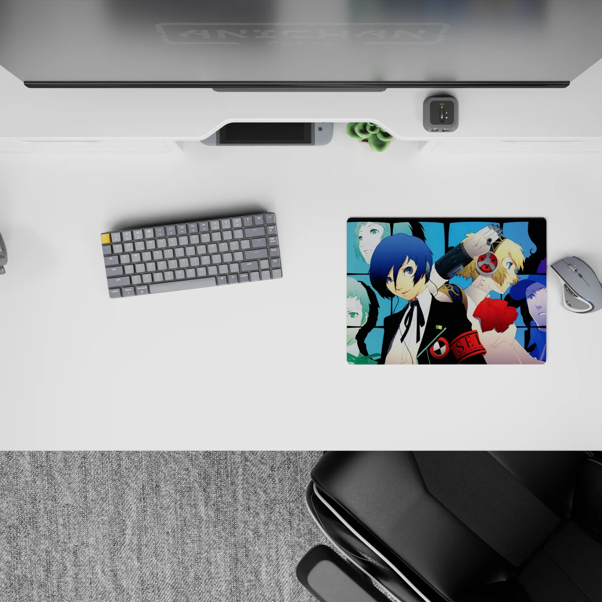 Anime mouse pad 14x10 inches featuring Persona 3&#39;s Makoto and Aigis with SEES team in cool blues and manga-style design.