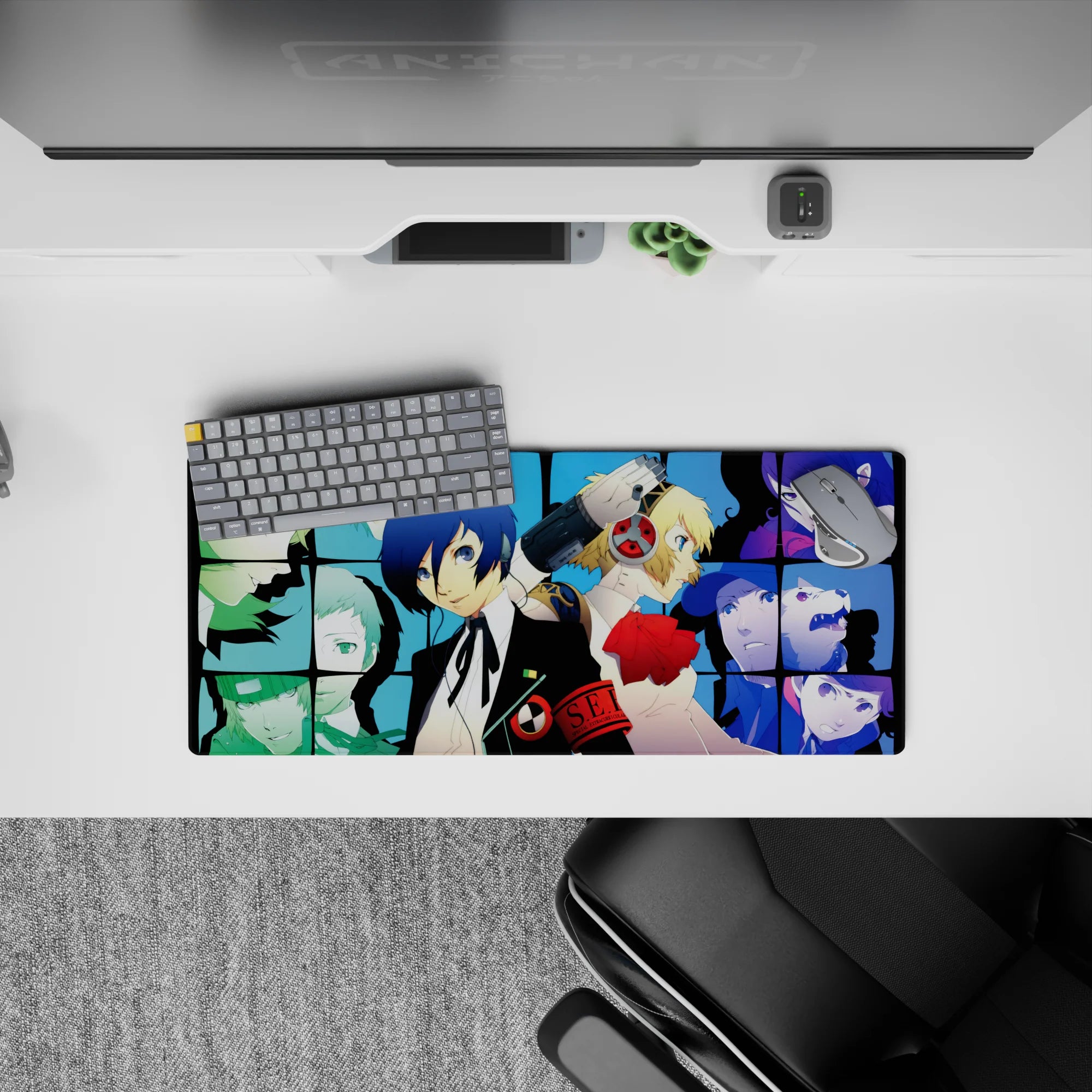 Anime mouse pad 28x12 inches featuring Persona 3&#39;s Makoto, Aigis, and SEES team in a vivid, melancholic design with cool blues.