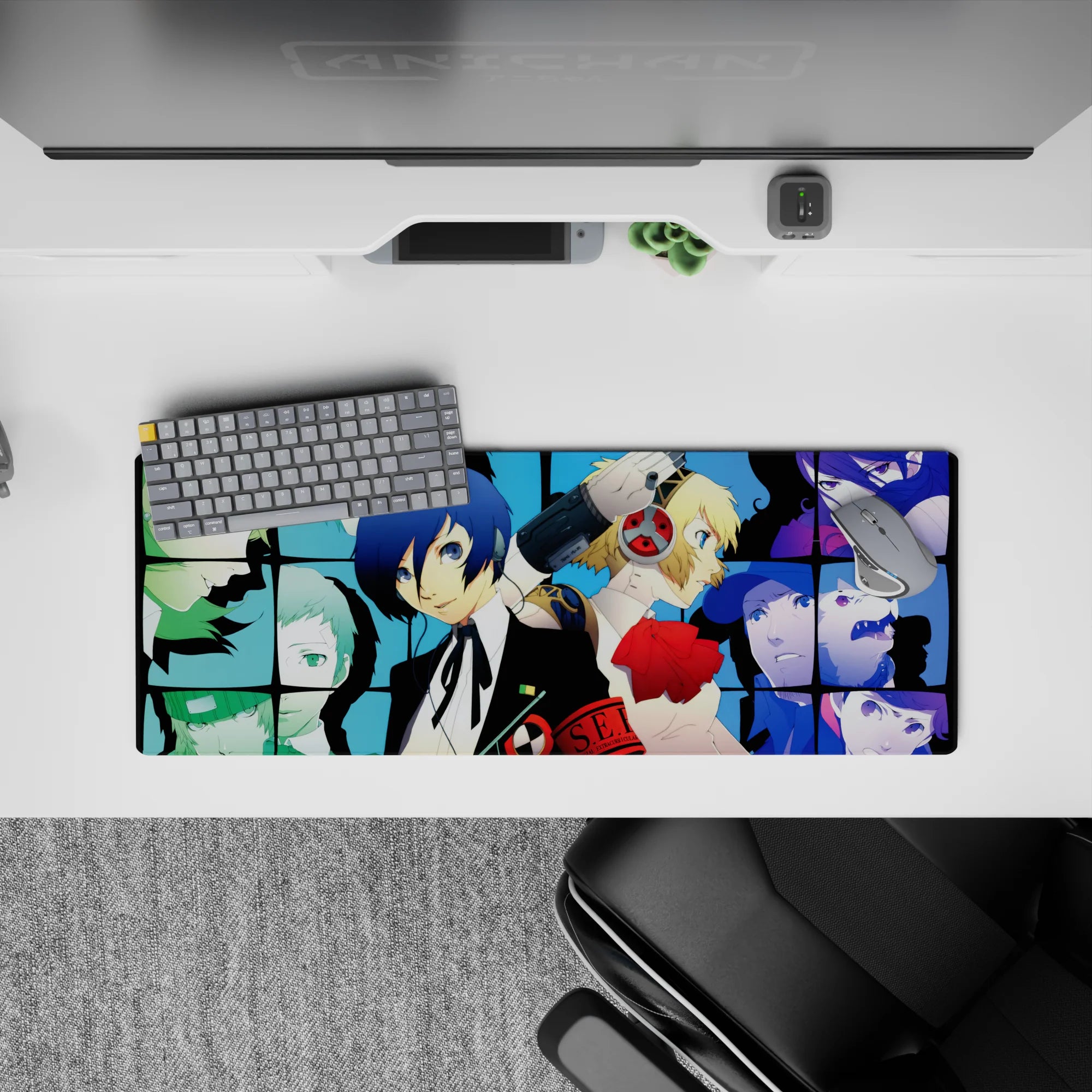 Persona 3 anime mouse pad, 32x12 inches, featuring Makoto, Aigis, and SEES team in a vivid grid with cool blue tones.