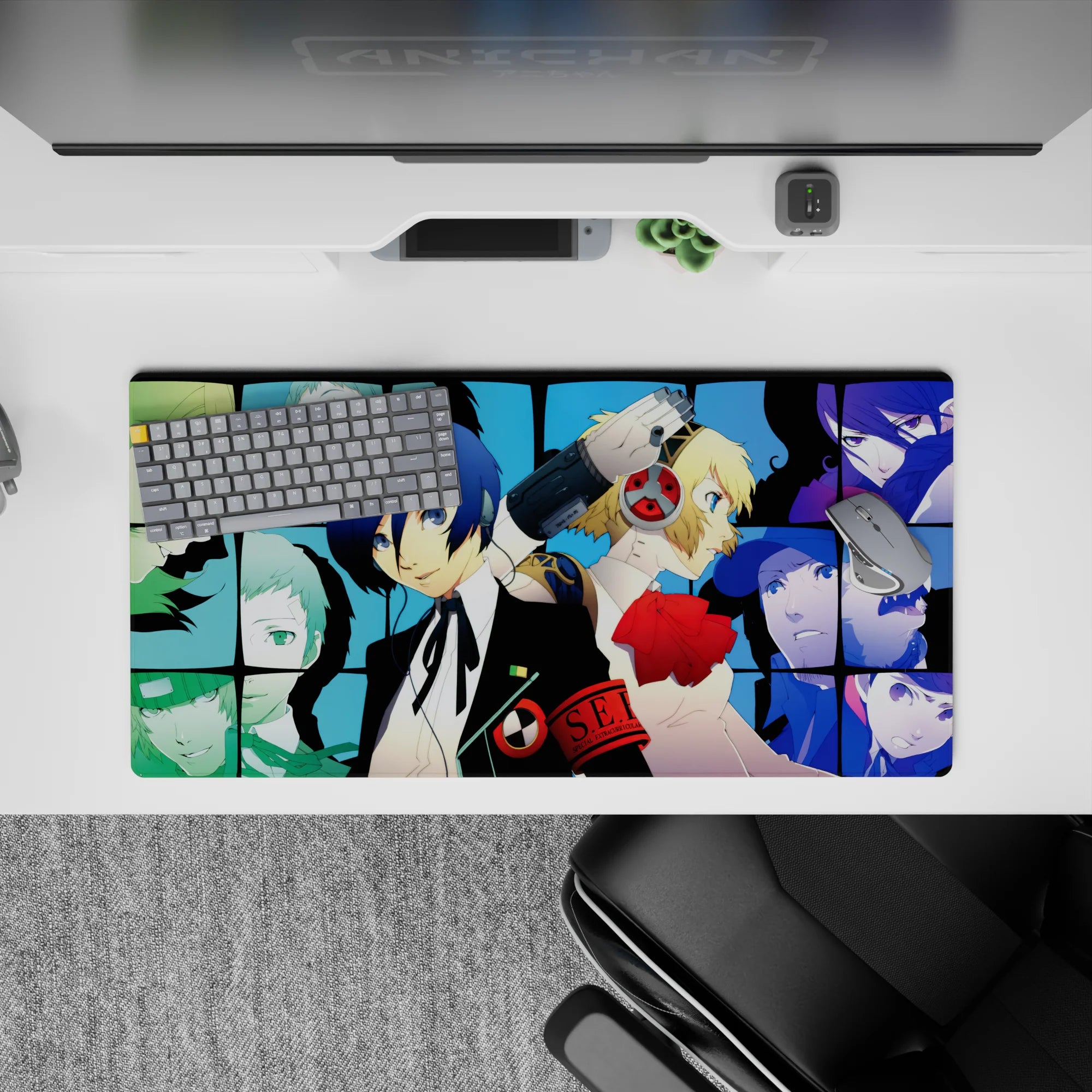 Anime mouse pad 32x16 inches, featuring Persona 3&#39;s Makoto, Aigis, and SEES team, capturing melancholy and unity.