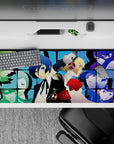 Anime mouse pad 36x16 inches featuring Persona 3's Makoto, Aigis, and SEES team in a vivid grid with cool blues and shadows.