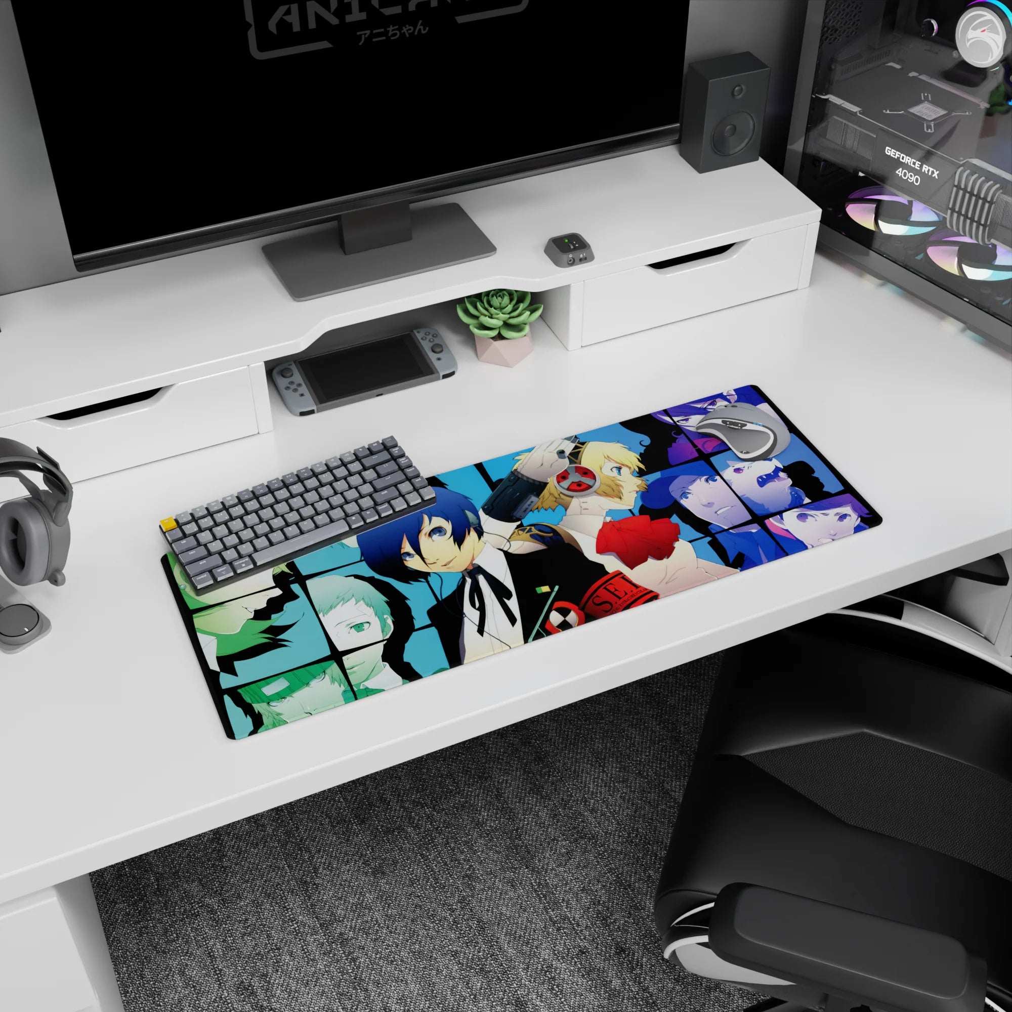 Anime mouse pad 32x12 inches with Persona 3&#39;s Makoto, Aigis, and SEES team, in cool blues and manga-style design.