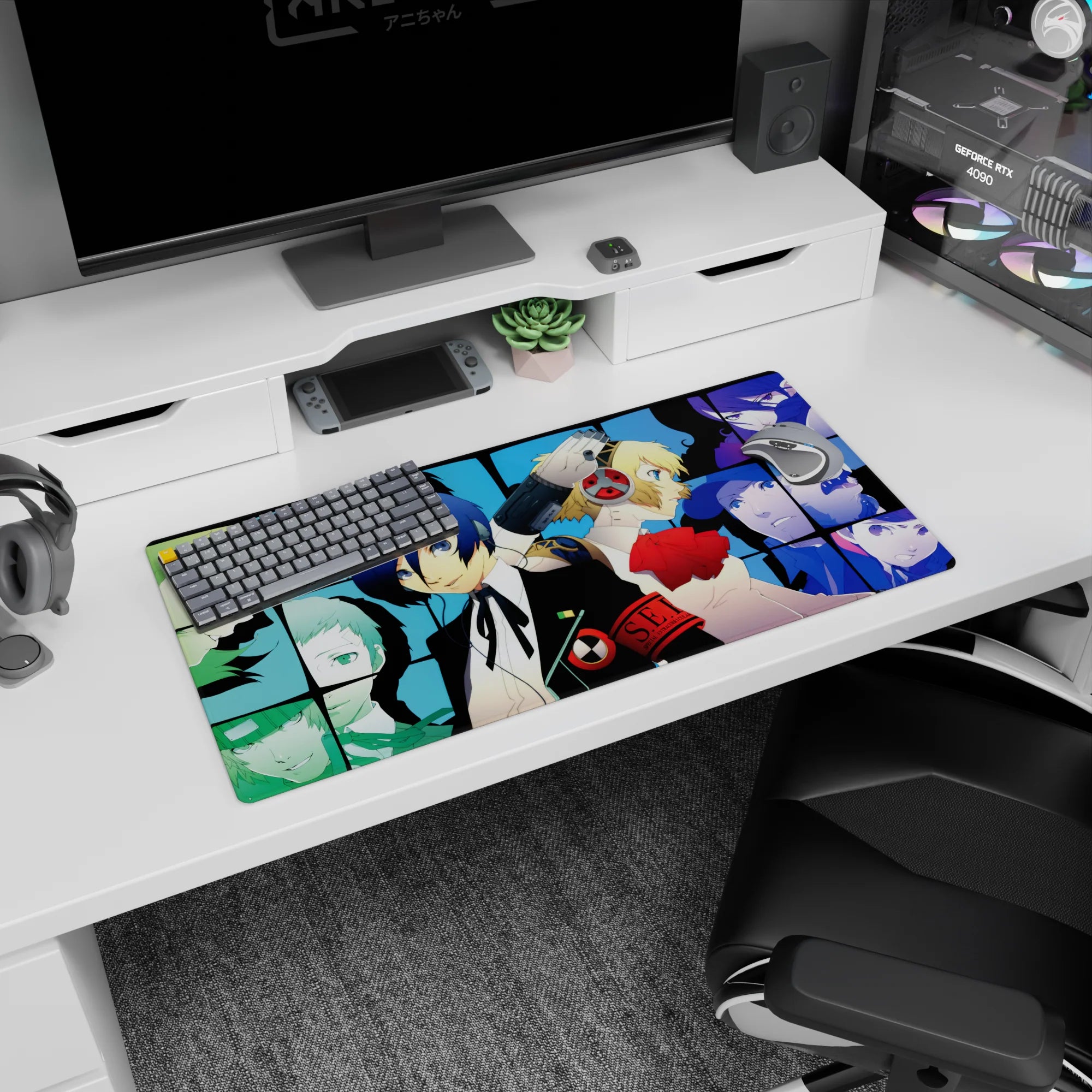 Anime mouse pad 32x16 inches featuring Persona 3&#39;s Makoto, Aigis, and SEES team, capturing unity and style in cool blues.