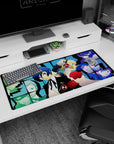 Anime desk pad 36x16 inches featuring Persona 3's Makoto, Aigis, and SEES team in a cool blue, manga-style design.