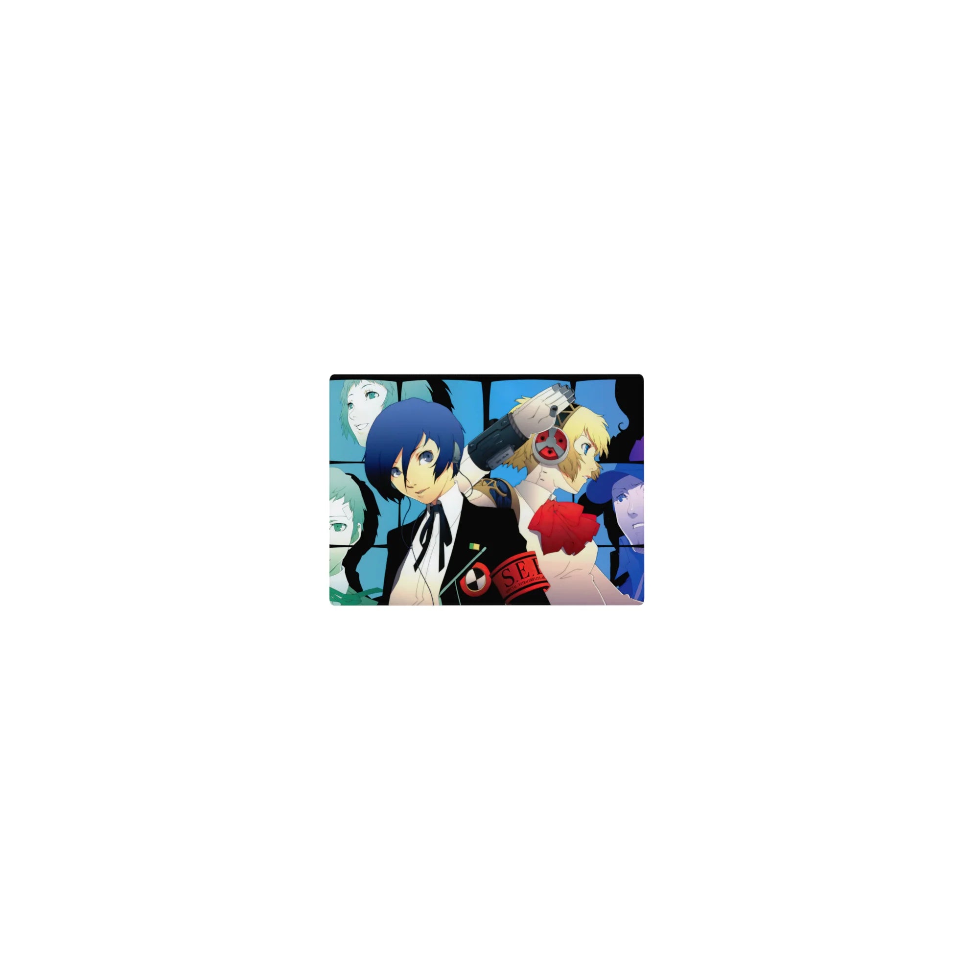 Anime mouse pad sized 14x10 inches featuring Persona 3&#39;s Makoto, Aigis, and SEES team in a vibrant, cool blue design.