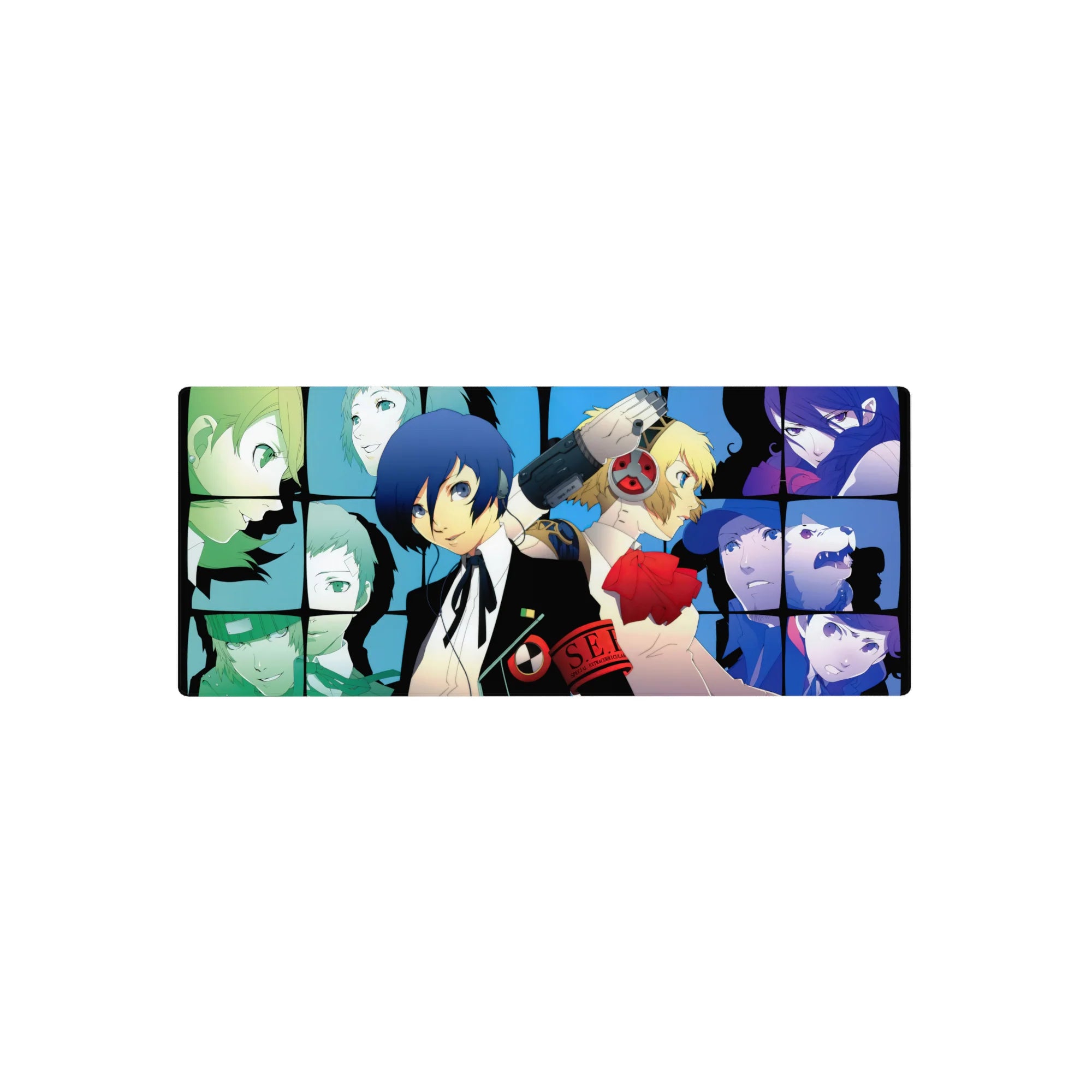 Persona 3 anime mouse pad, 28x12 inches, featuring Makoto, Aigis, and SEES team in vivid blues and manga-style frames.
