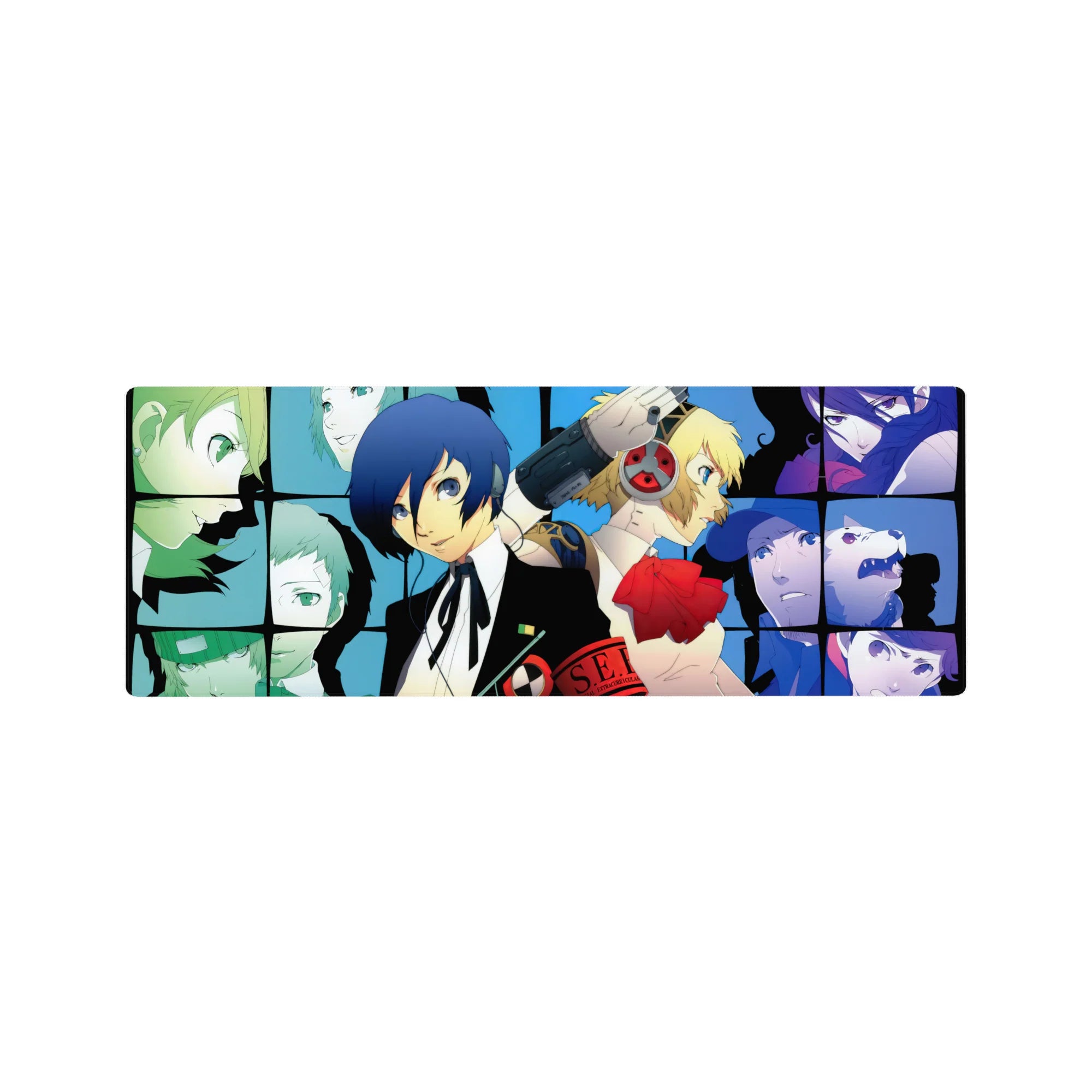 Anime mouse pad 32x12 inches featuring Makoto, Aigis, and SEES team from Persona 3, in a cool blue and vivid grid design.