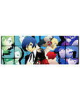 Anime mouse pad 32x12 inches featuring Makoto, Aigis, and SEES team from Persona 3, in a cool blue and vivid grid design.