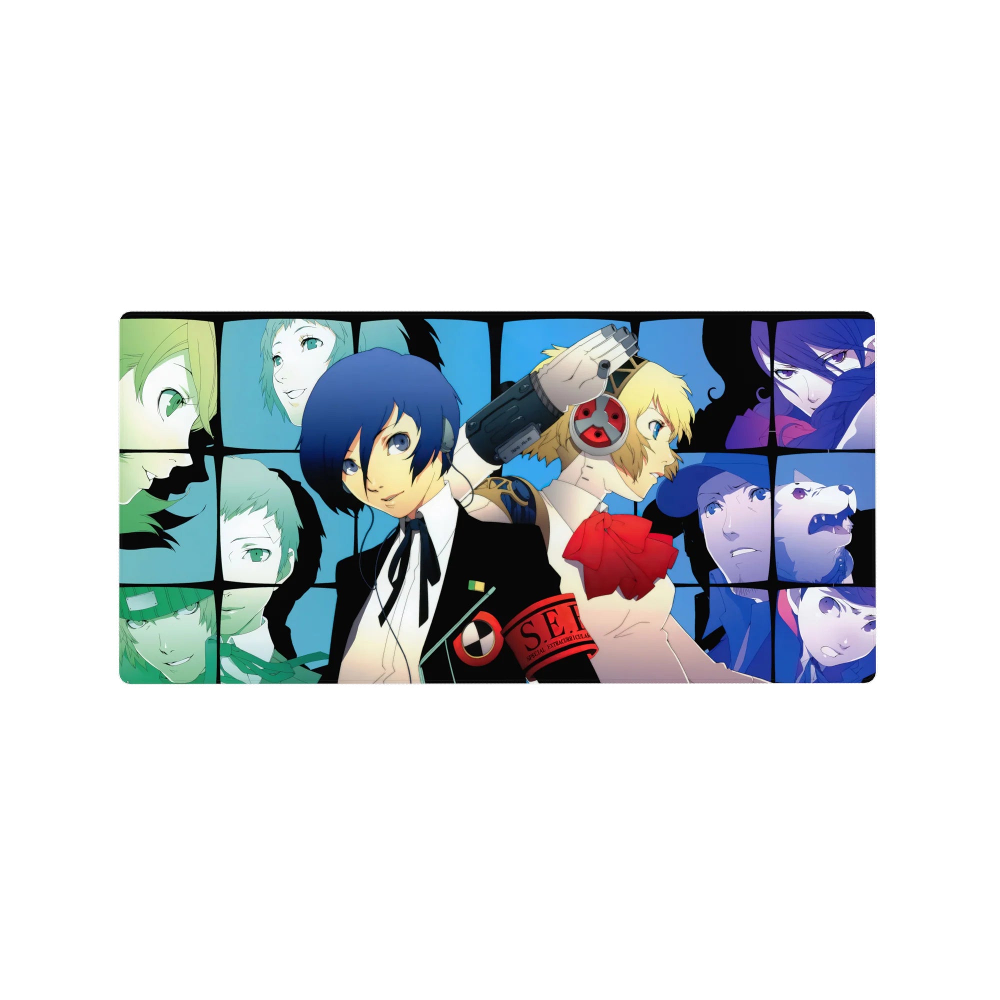 Anime mouse pad 32x16 inches featuring Persona 3 characters Makoto, Aigis, and SEES team in a cool blue, vivid grid design.