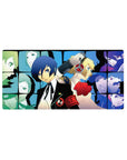 Anime mouse pad 32x16 inches featuring Persona 3 characters Makoto, Aigis, and SEES team in a cool blue, vivid grid design.